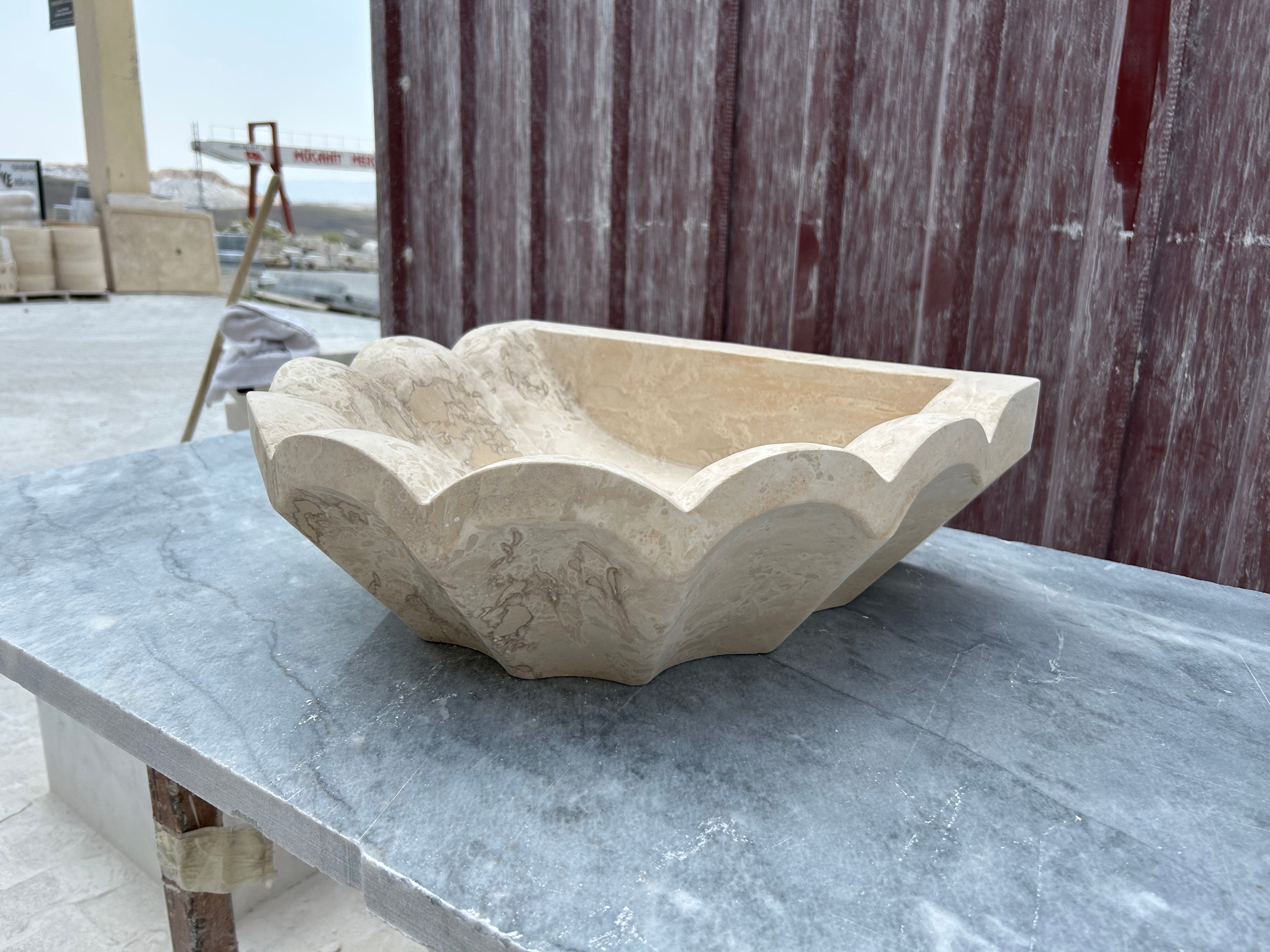 French Marble Sink, Wavy Design Travertine Vessel Sink Rustic Bathroom Vanity Top for Farmhouse Powder Room