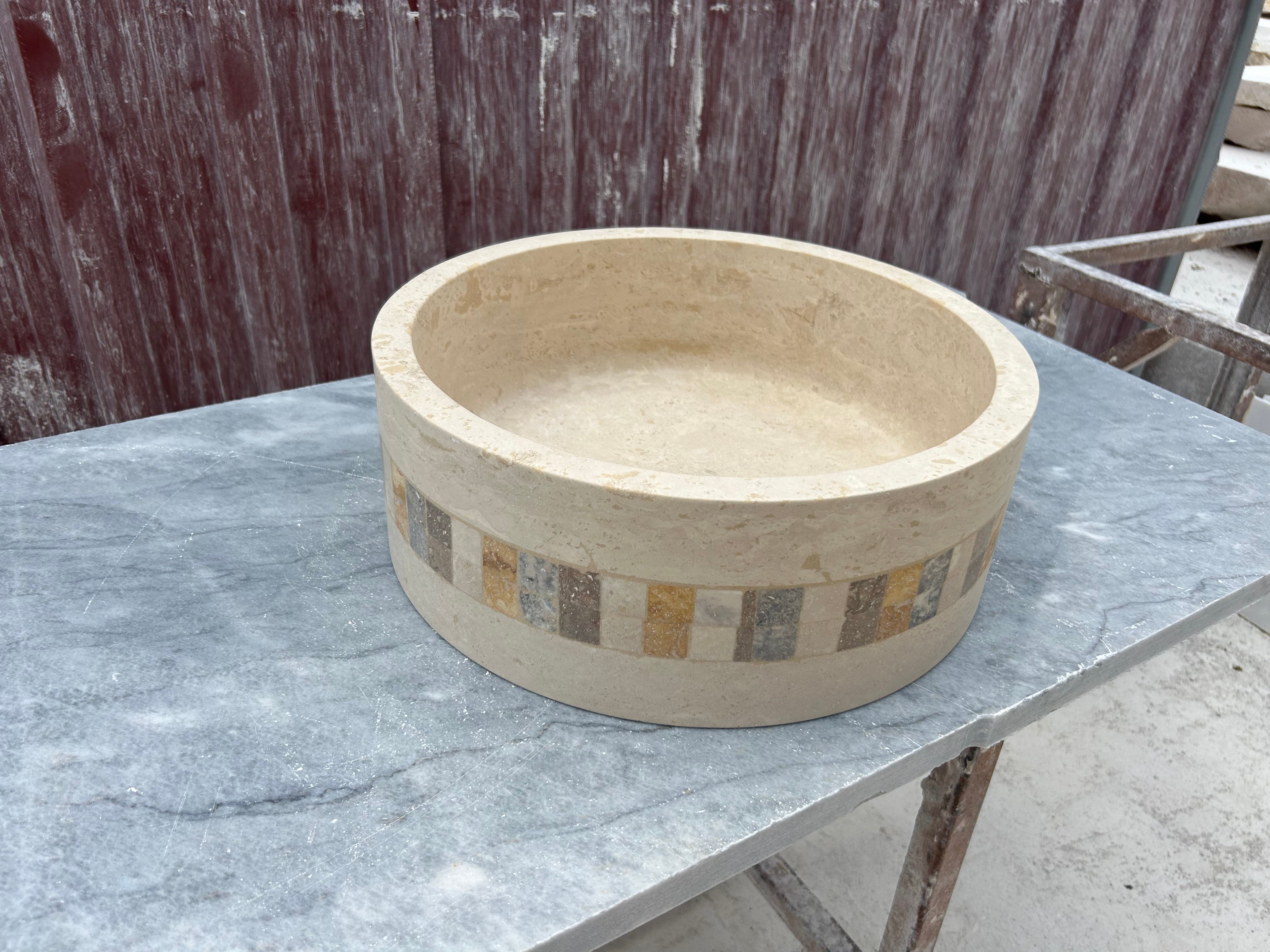 Travertine Round Sink, Mosaic Embed Vessel Sink, Farmhouse Sink, Marble Washbasin, Bathroom Vanity Top