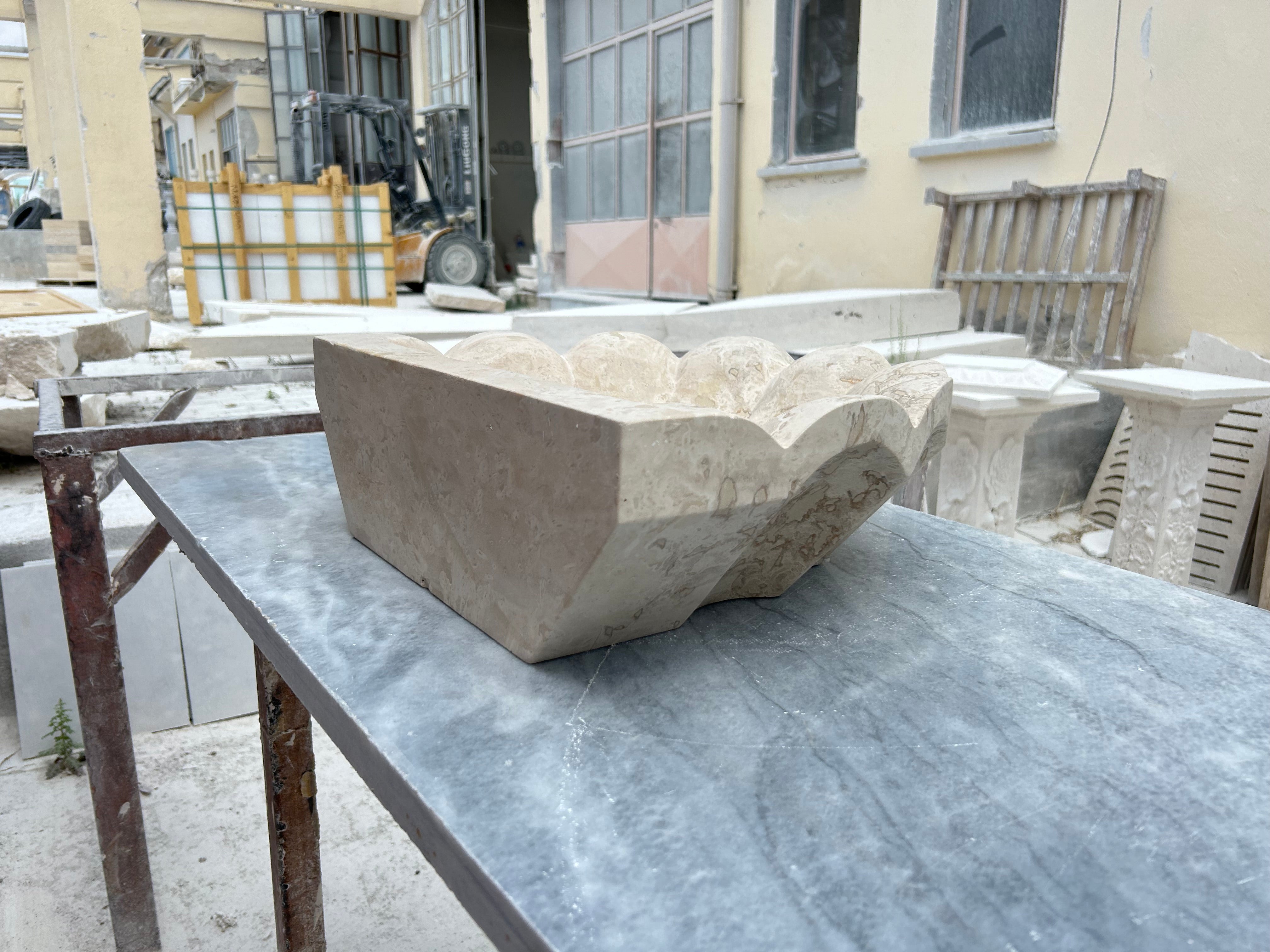 French Marble Sink, Wavy Design Travertine Vessel Sink Rustic Bathroom Vanity Top for Farmhouse Powder Room