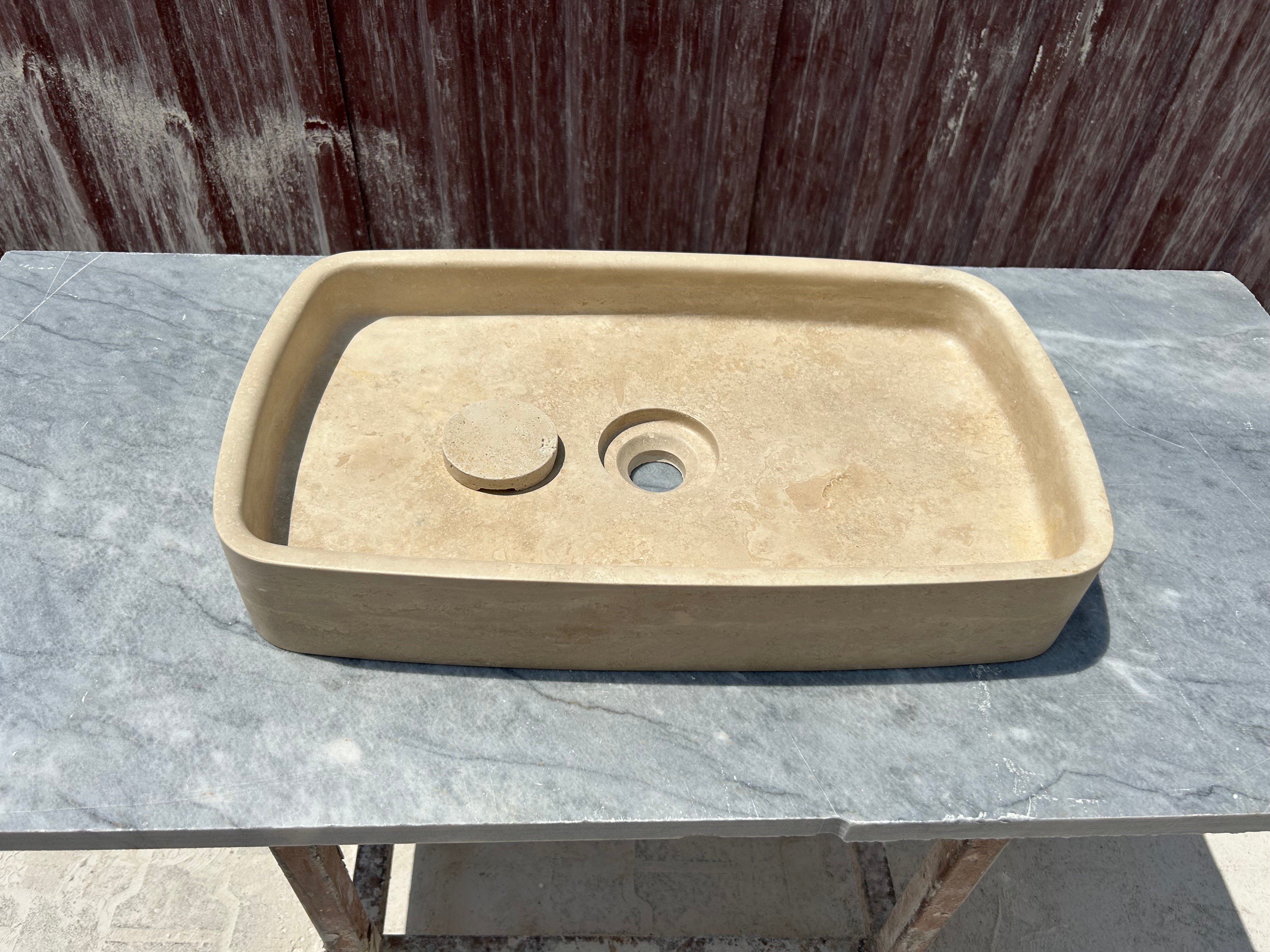Travertine Marble Sink, Vessel Sink on Top of Bathroom Vanity with Marble Sink Strainer Cover