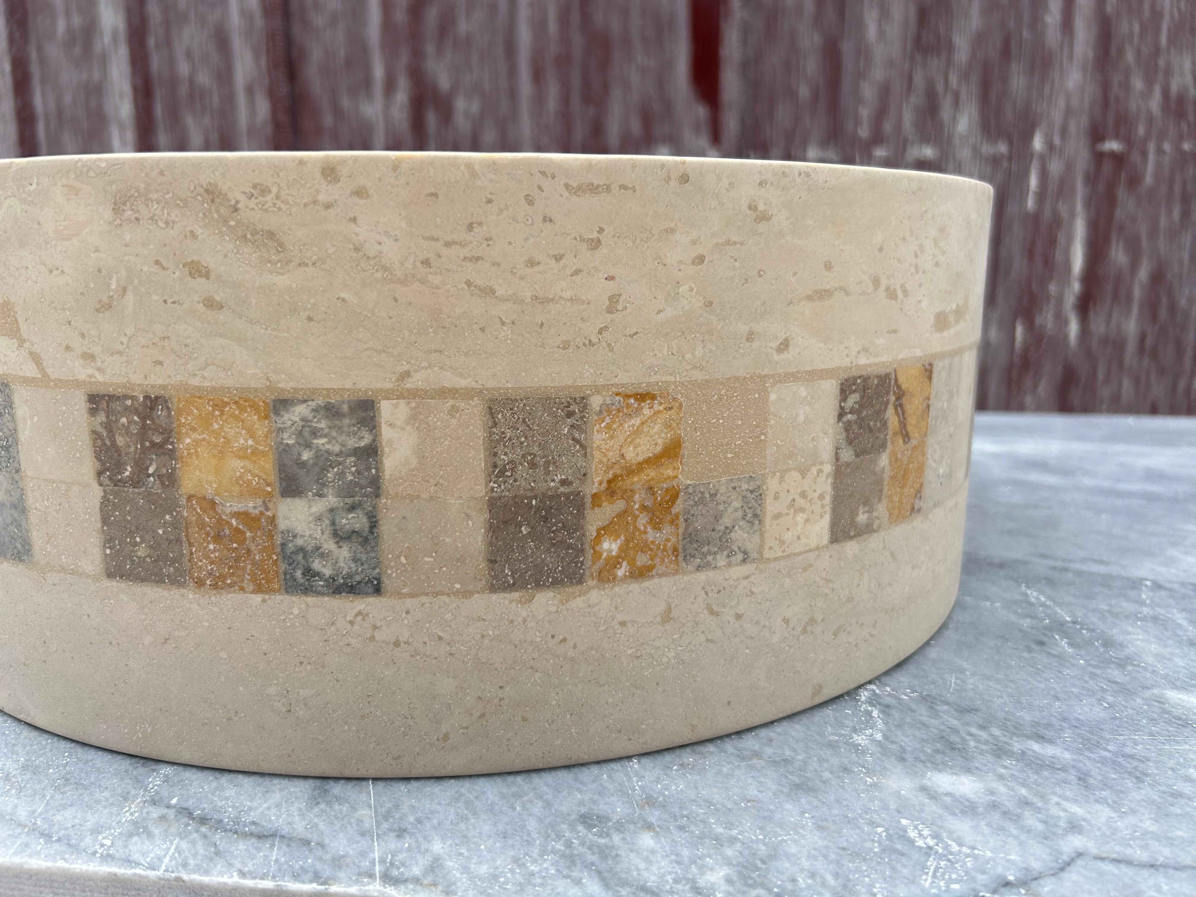 Travertine Round Sink, Mosaic Embed Vessel Sink, Farmhouse Sink, Marble Washbasin, Bathroom Vanity Top