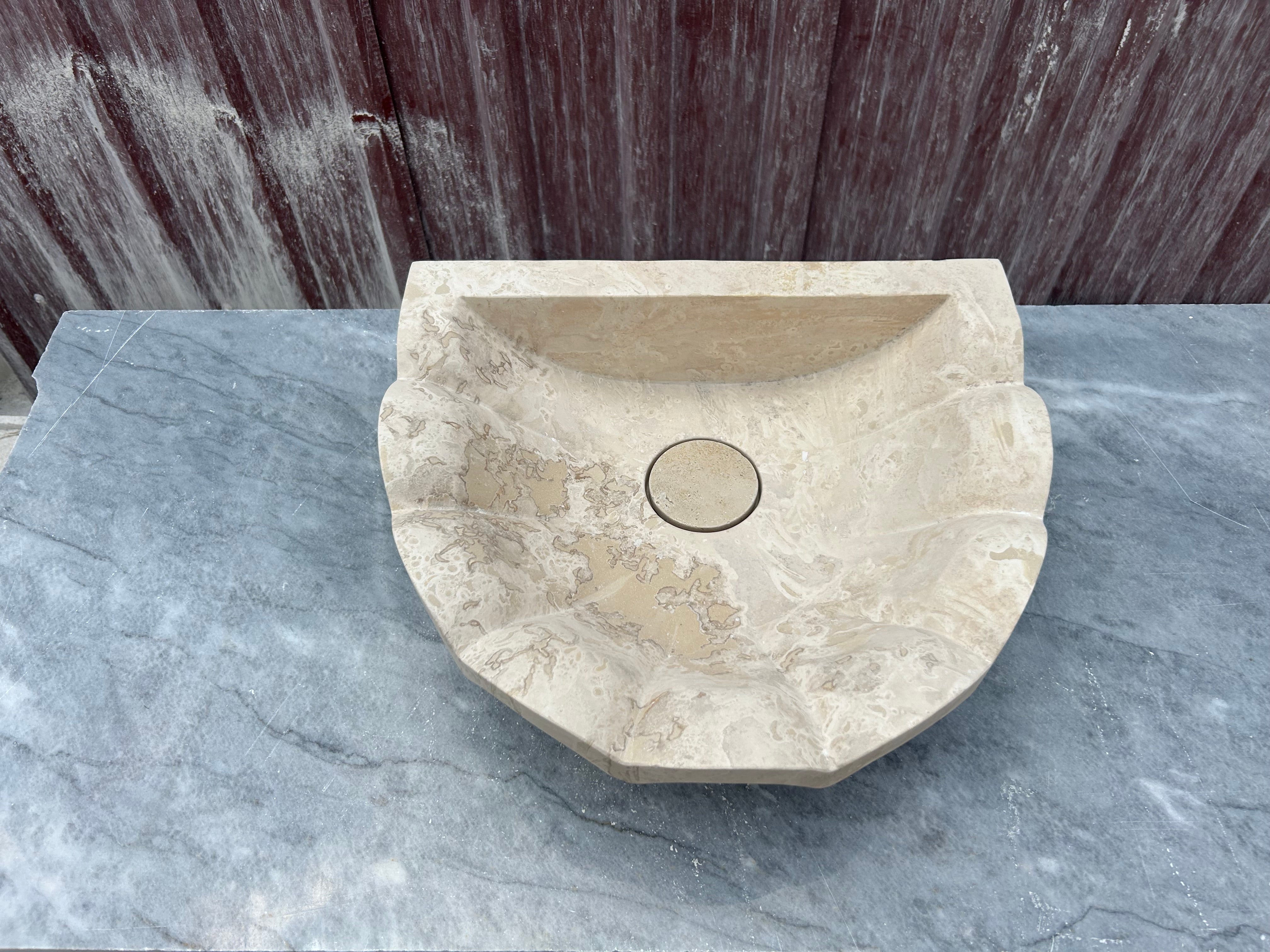 French Marble Sink, Wavy Design Travertine Vessel Sink Rustic Bathroom Vanity Top for Farmhouse Powder Room