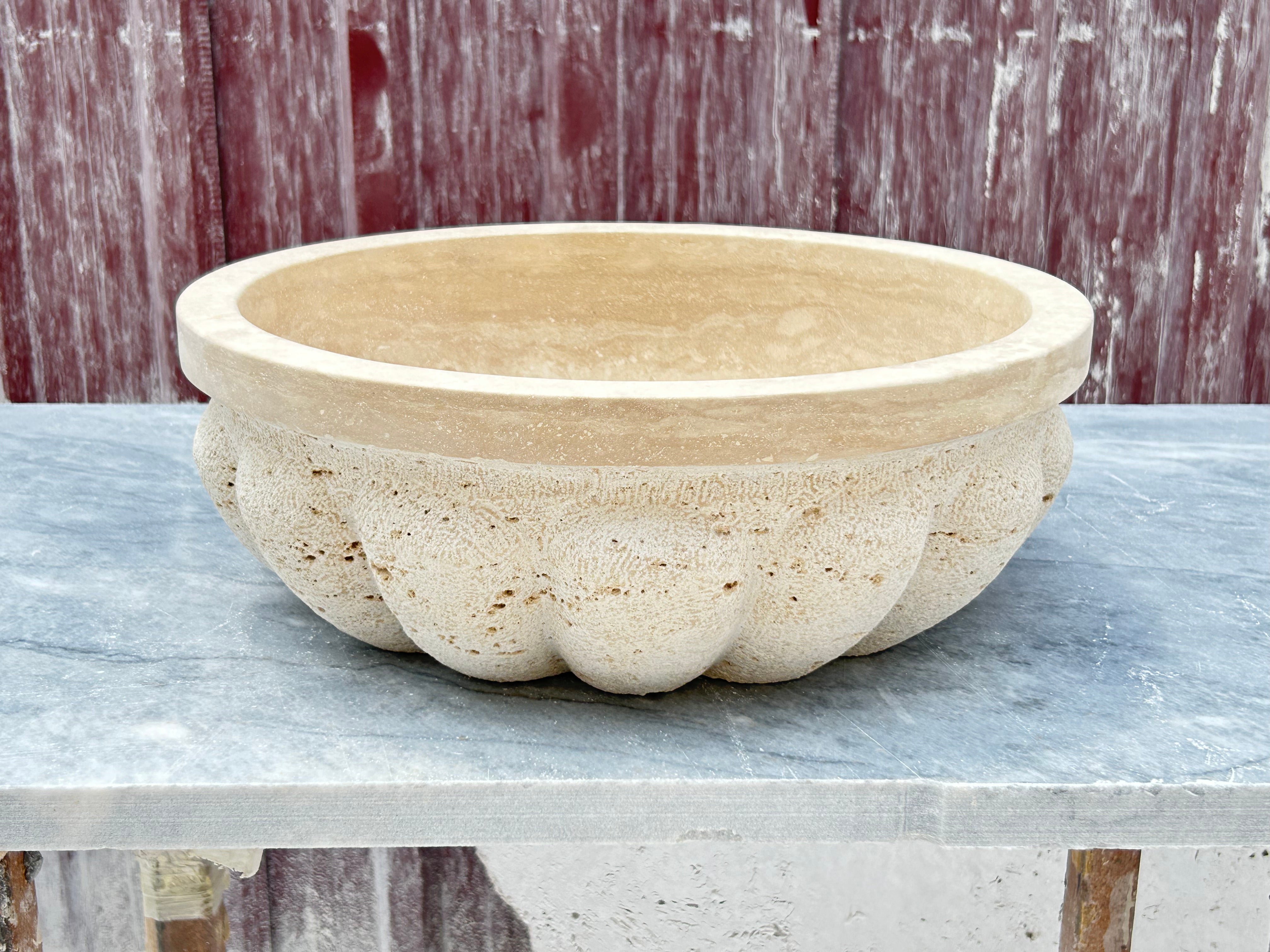 Sandblasted Travertine Marble Vessel Sink, Pumpkin Shaped Sink Rustic Bathroom Vanity Top for Farmhouse Sink Powder Room