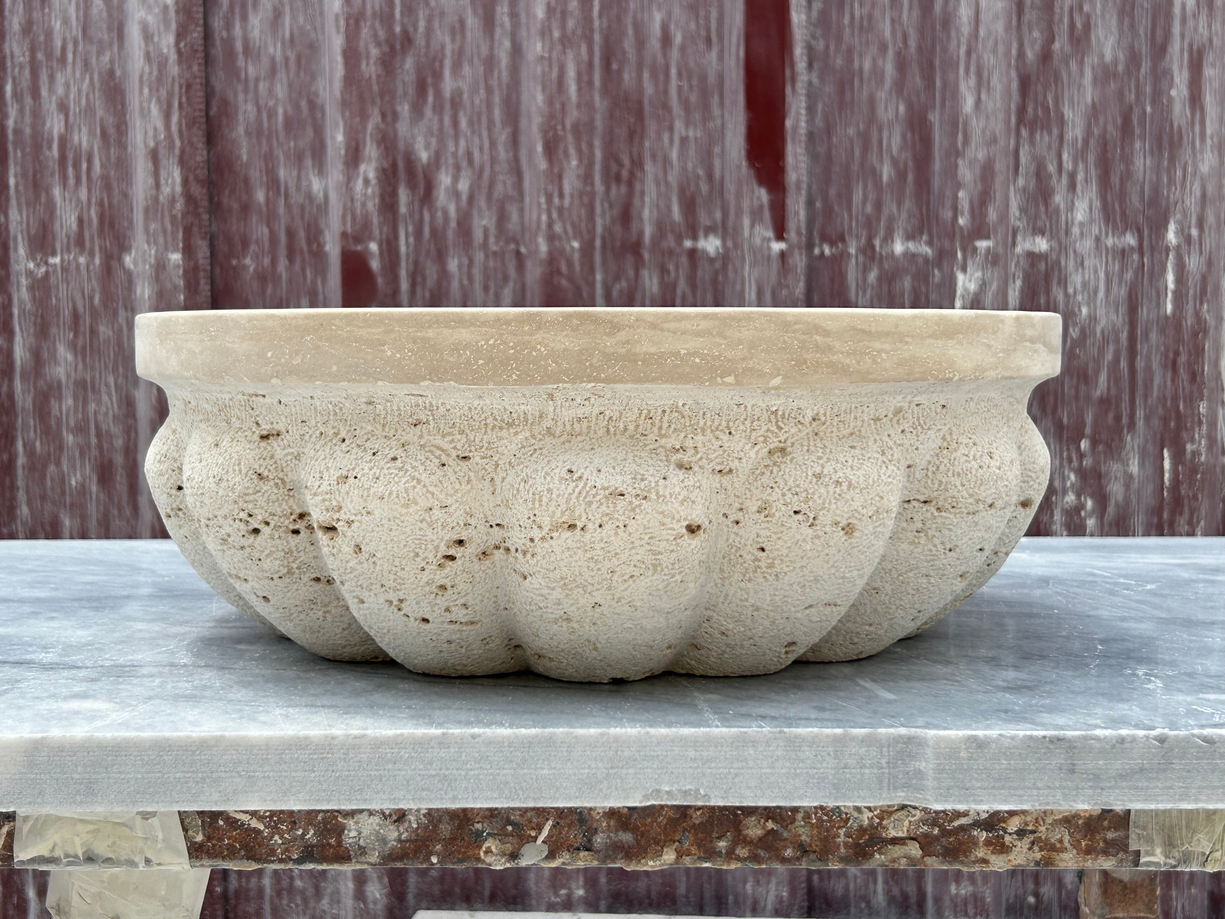 Sandblasted Travertine Marble Vessel Sink, Pumpkin Shaped Sink Rustic Bathroom Vanity Top for Farmhouse Sink Powder Room