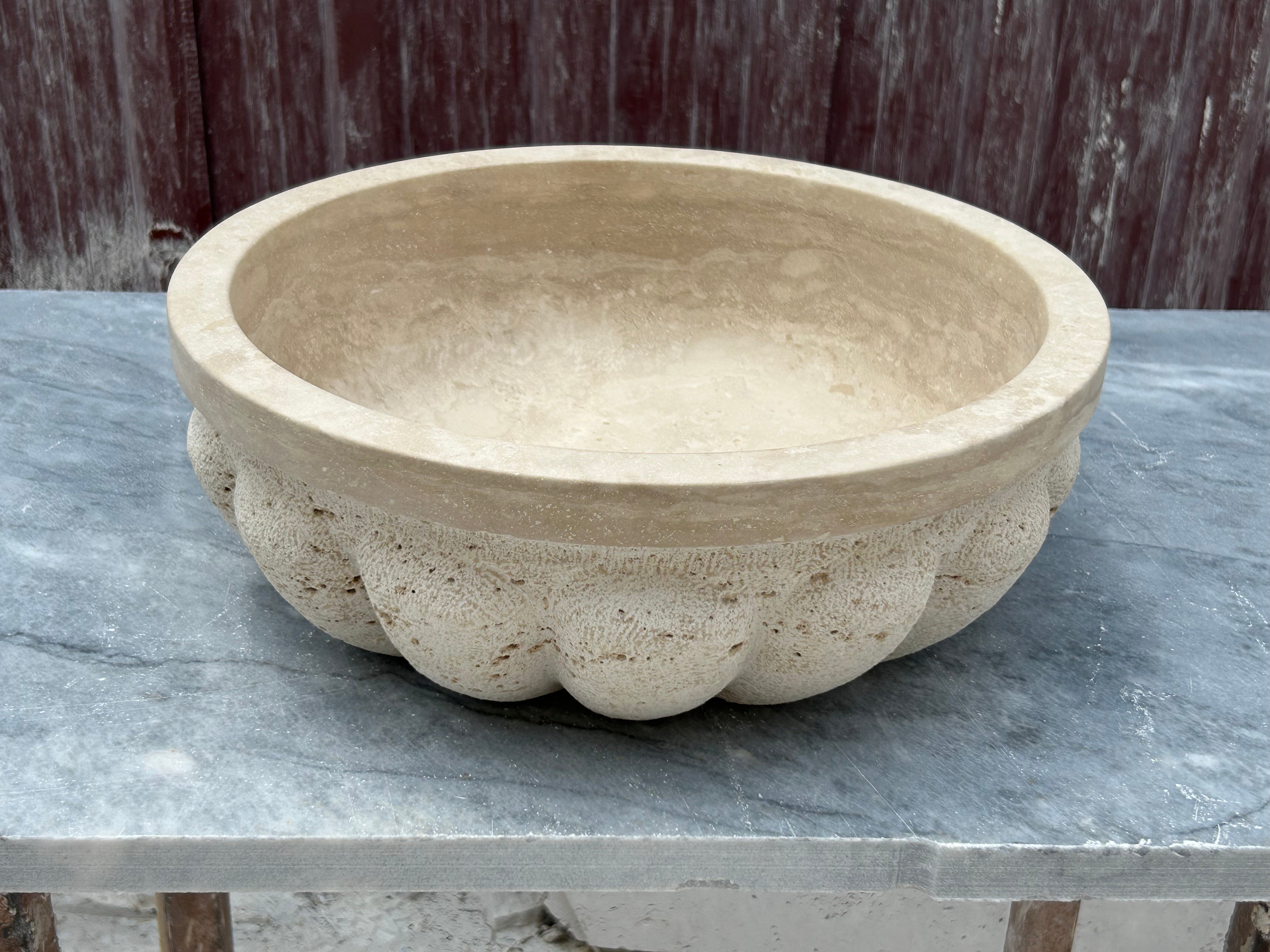 Sandblasted Travertine Marble Vessel Sink, Pumpkin Shaped Sink Rustic Bathroom Vanity Top for Farmhouse Sink Powder Room