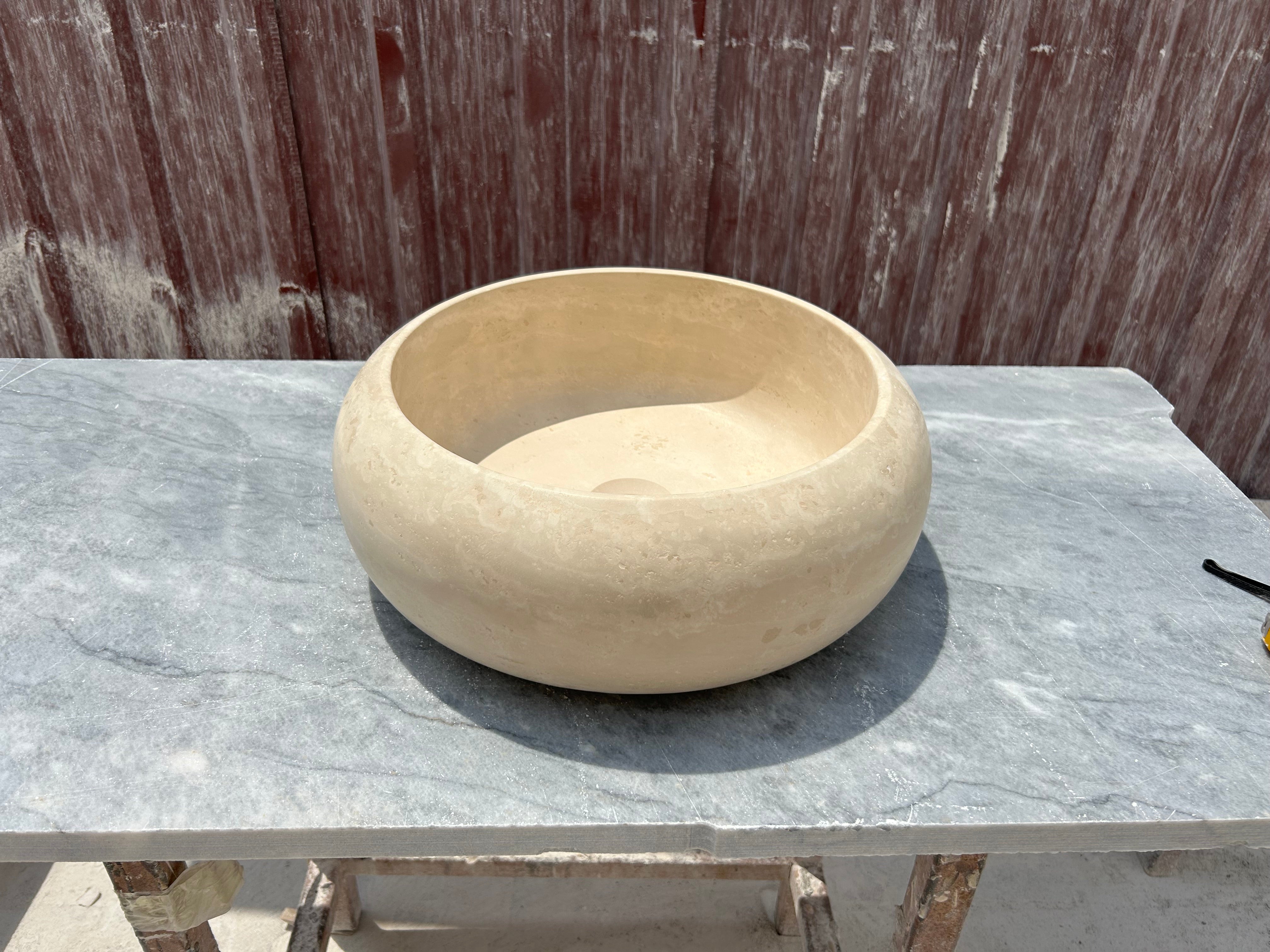 Beige Round Sink, Travertine Marble Vanity Top Small Bathroom Stone Sink for Farmhouse Powder Room