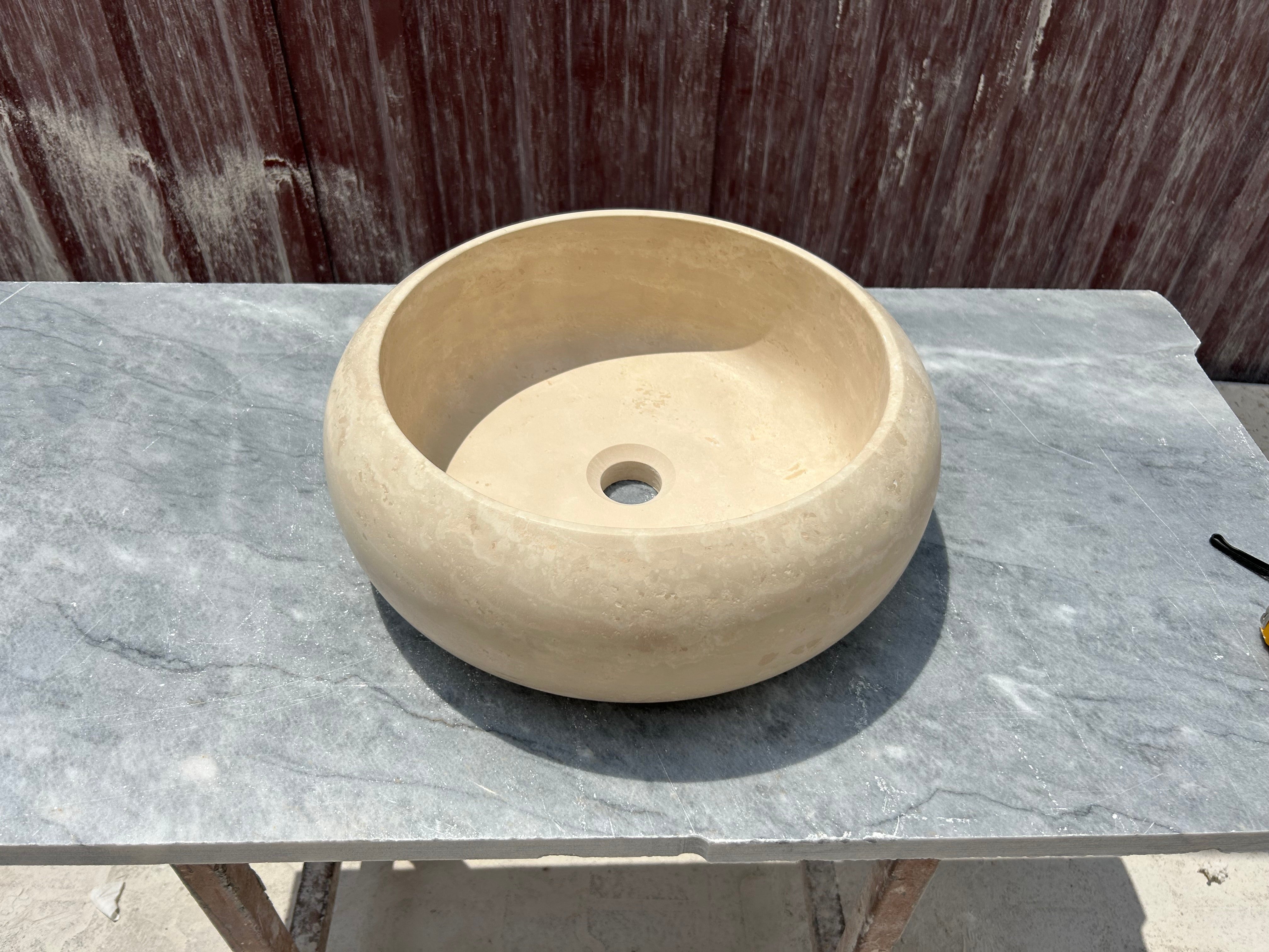 Beige Round Sink, Travertine Marble Vanity Top Small Bathroom Stone Sink for Farmhouse Powder Room