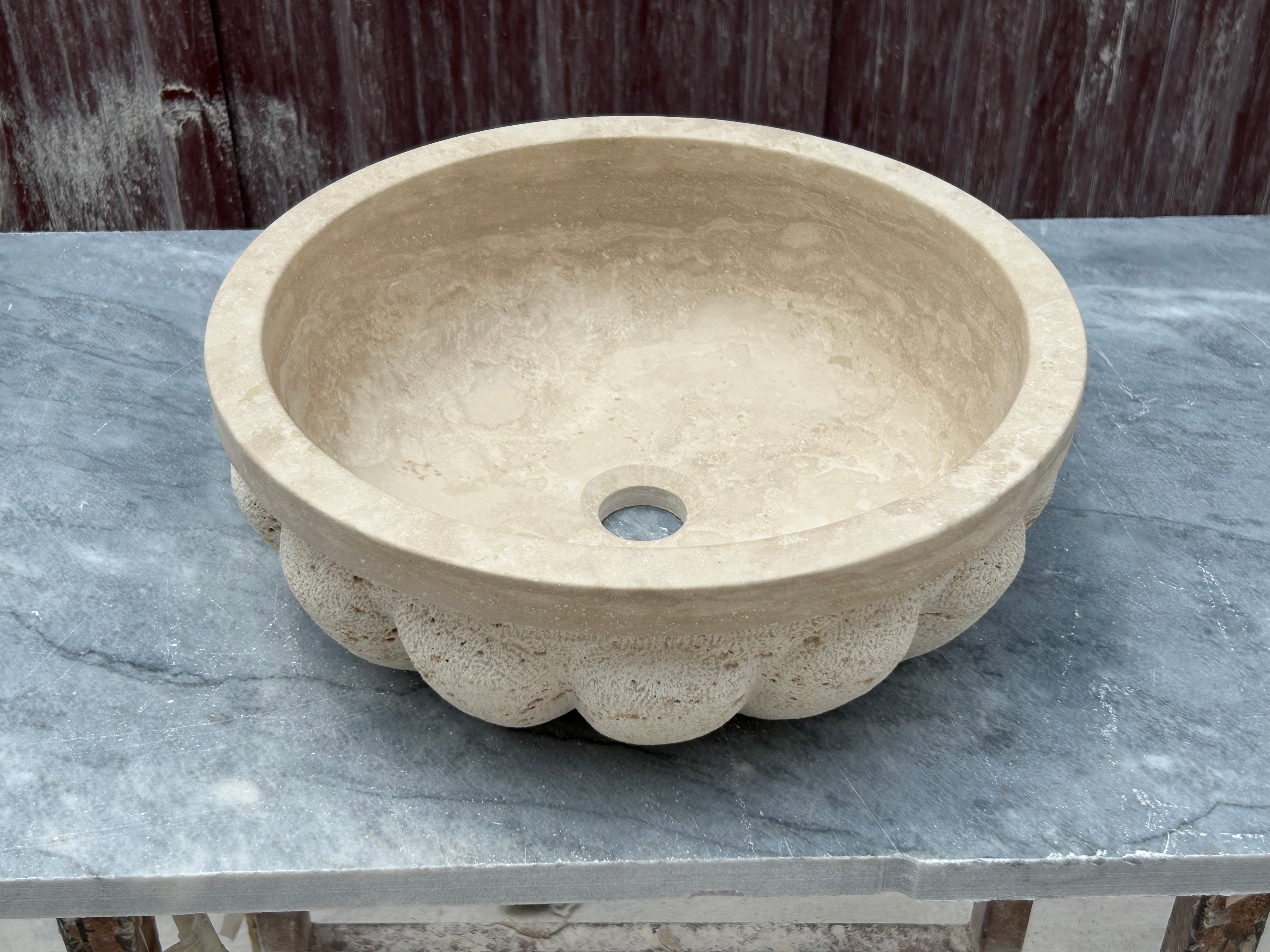 Sandblasted Travertine Marble Vessel Sink, Pumpkin Shaped Sink Rustic Bathroom Vanity Top for Farmhouse Sink Powder Room
