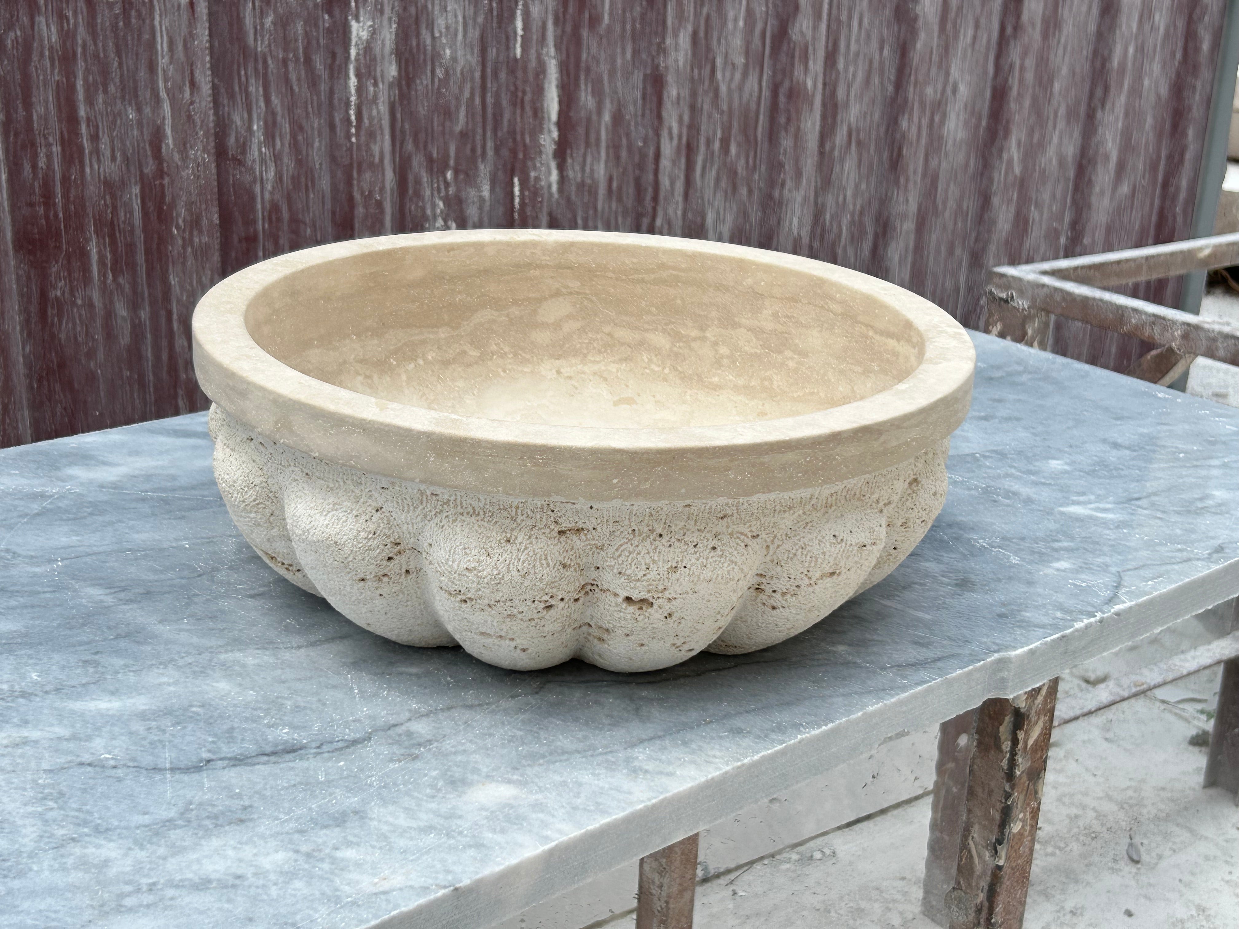 Sandblasted Travertine Marble Vessel Sink, Pumpkin Shaped Sink Rustic Bathroom Vanity Top for Farmhouse Sink Powder Room