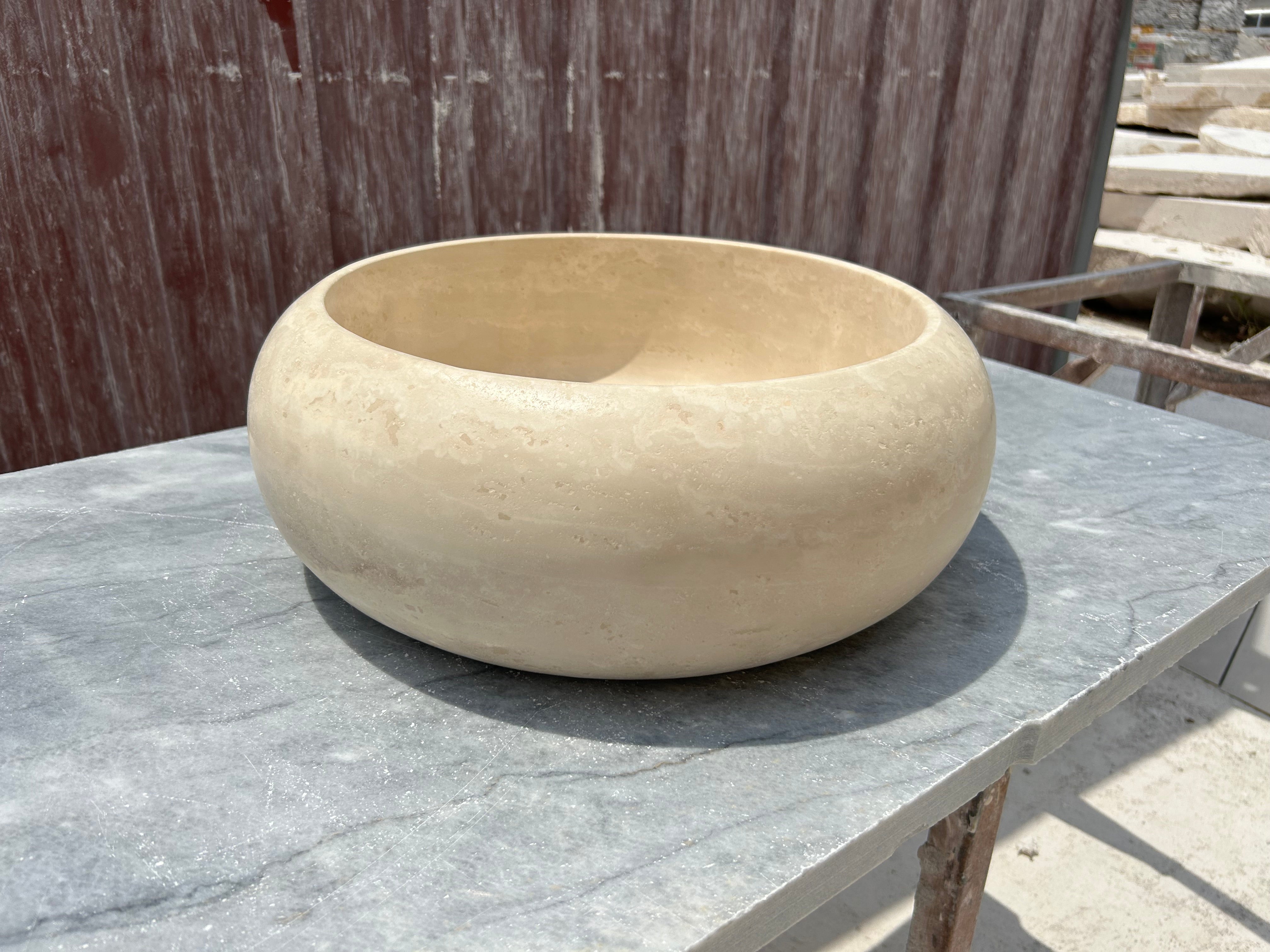 Beige Round Sink, Travertine Marble Vanity Top Small Bathroom Stone Sink for Farmhouse Powder Room