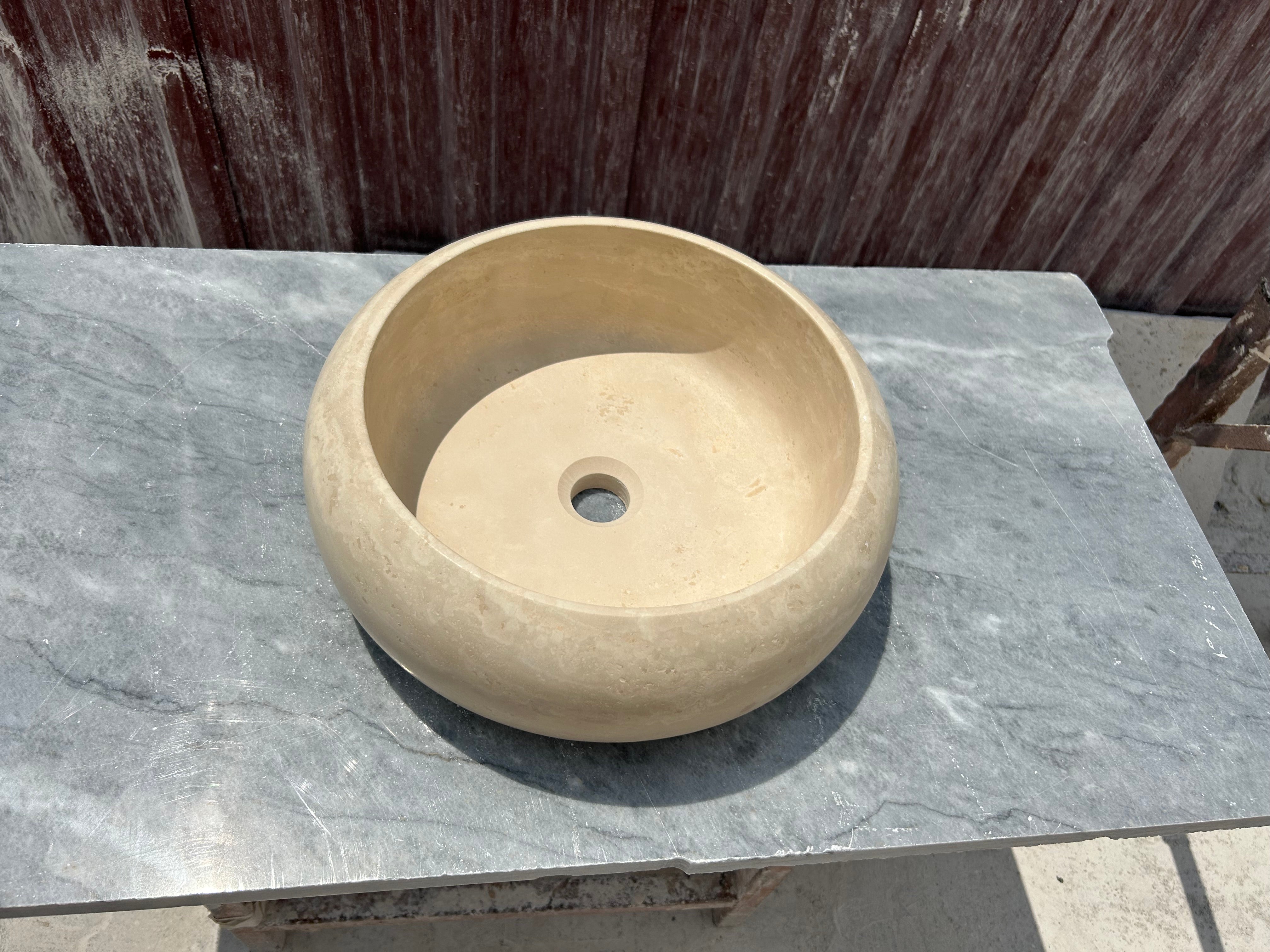 Beige Round Sink, Travertine Marble Vanity Top Small Bathroom Stone Sink for Farmhouse Powder Room