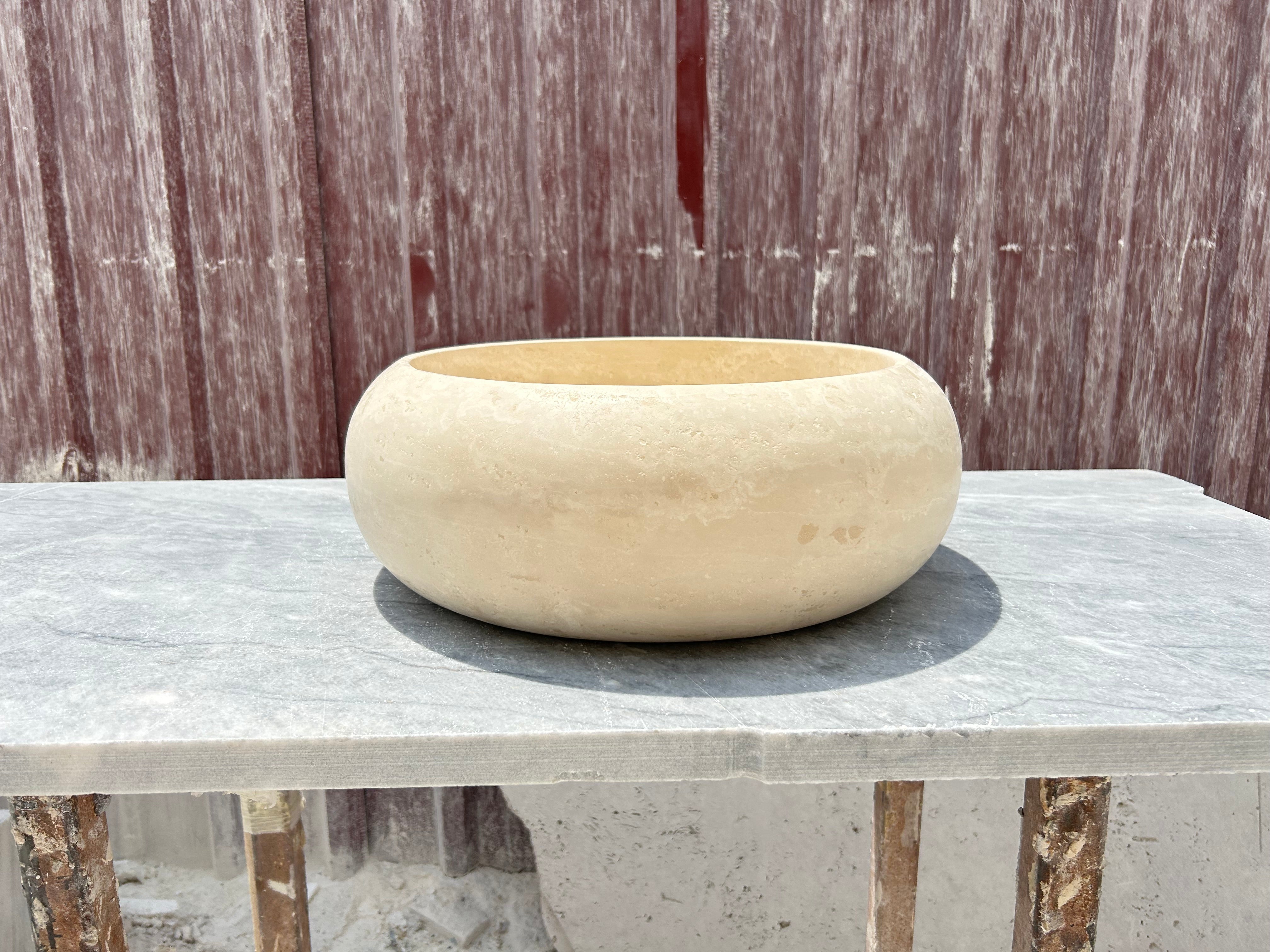 Beige Round Sink, Travertine Marble Vanity Top Small Bathroom Stone Sink for Farmhouse Powder Room