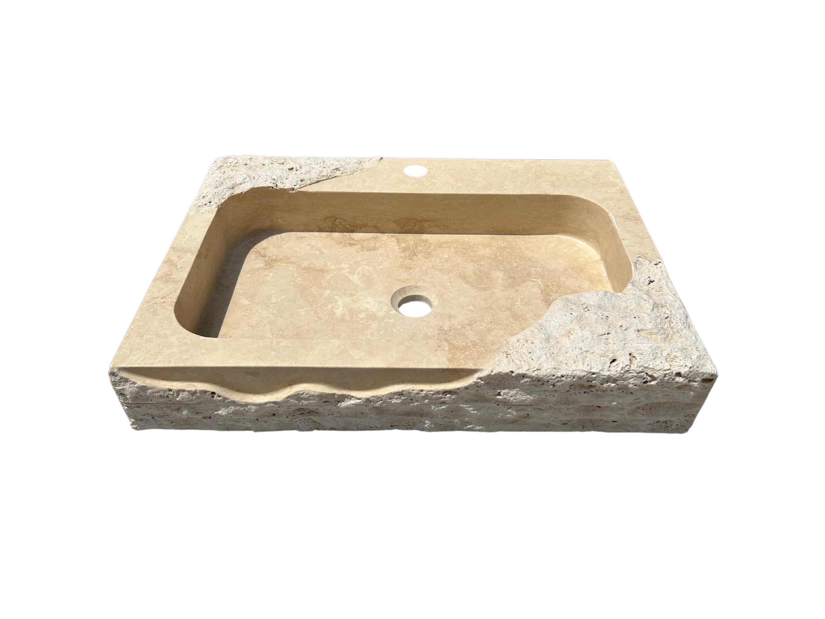 Partial Rough Travertine Marble Sink, Chiseled Stone Wall Mount Sink with Faucet Hole, Vanity Top Sink