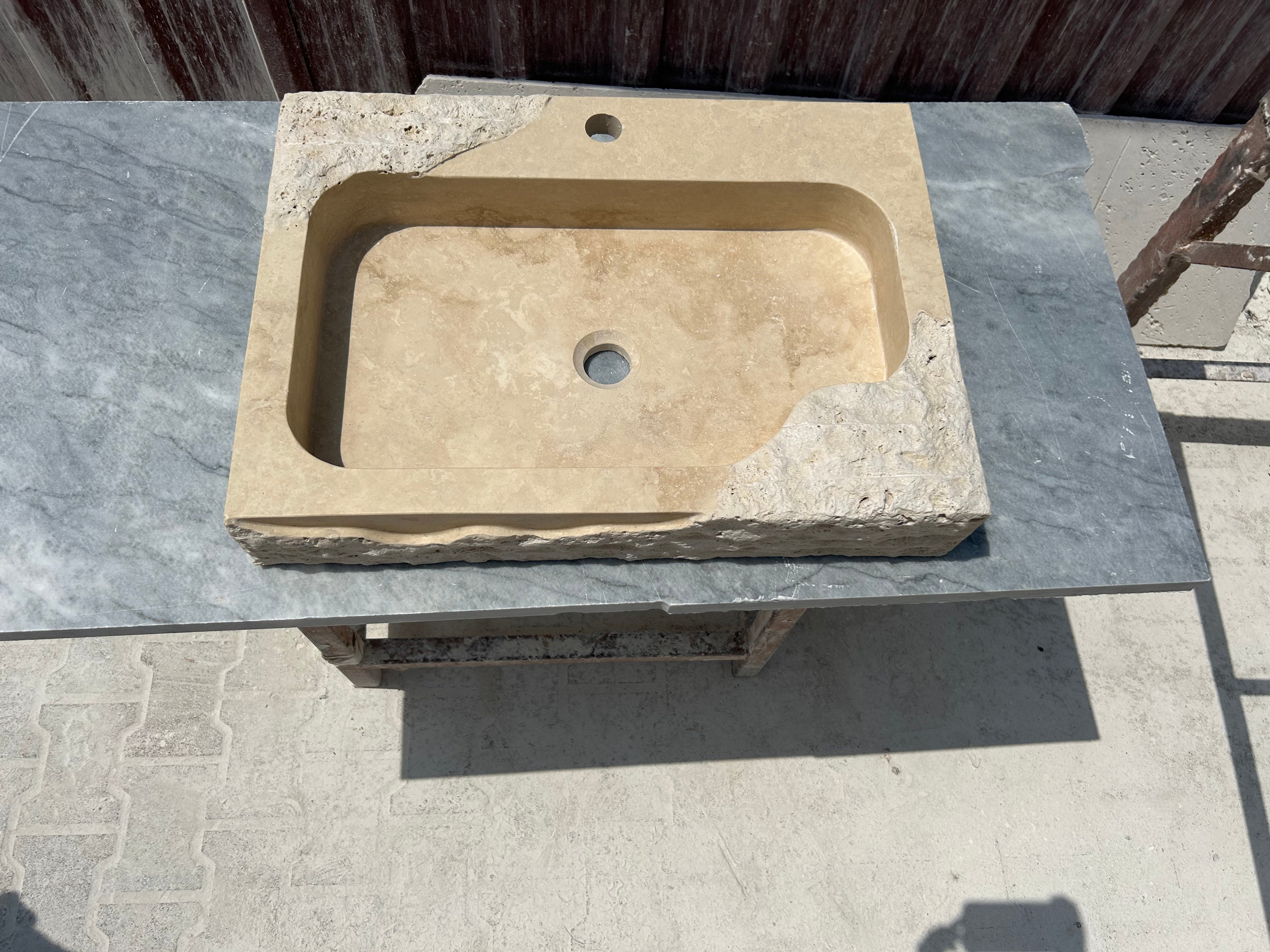 Partial Rough Travertine Marble Sink, Chiseled Stone Wall Mount Sink with Faucet Hole, Vanity Top Sink