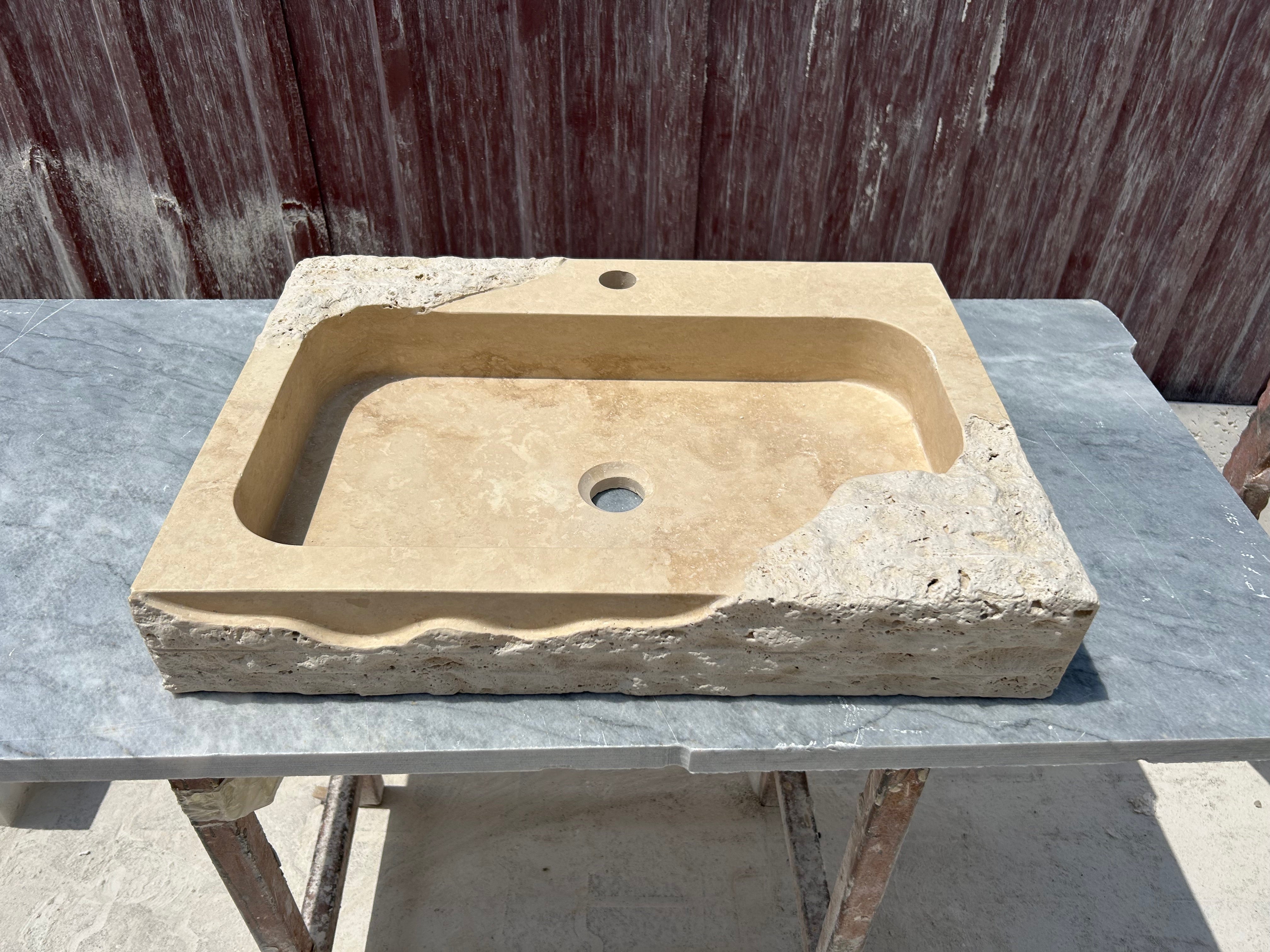 Partial Rough Travertine Marble Sink, Chiseled Stone Wall Mount Sink with Faucet Hole, Vanity Top Sink