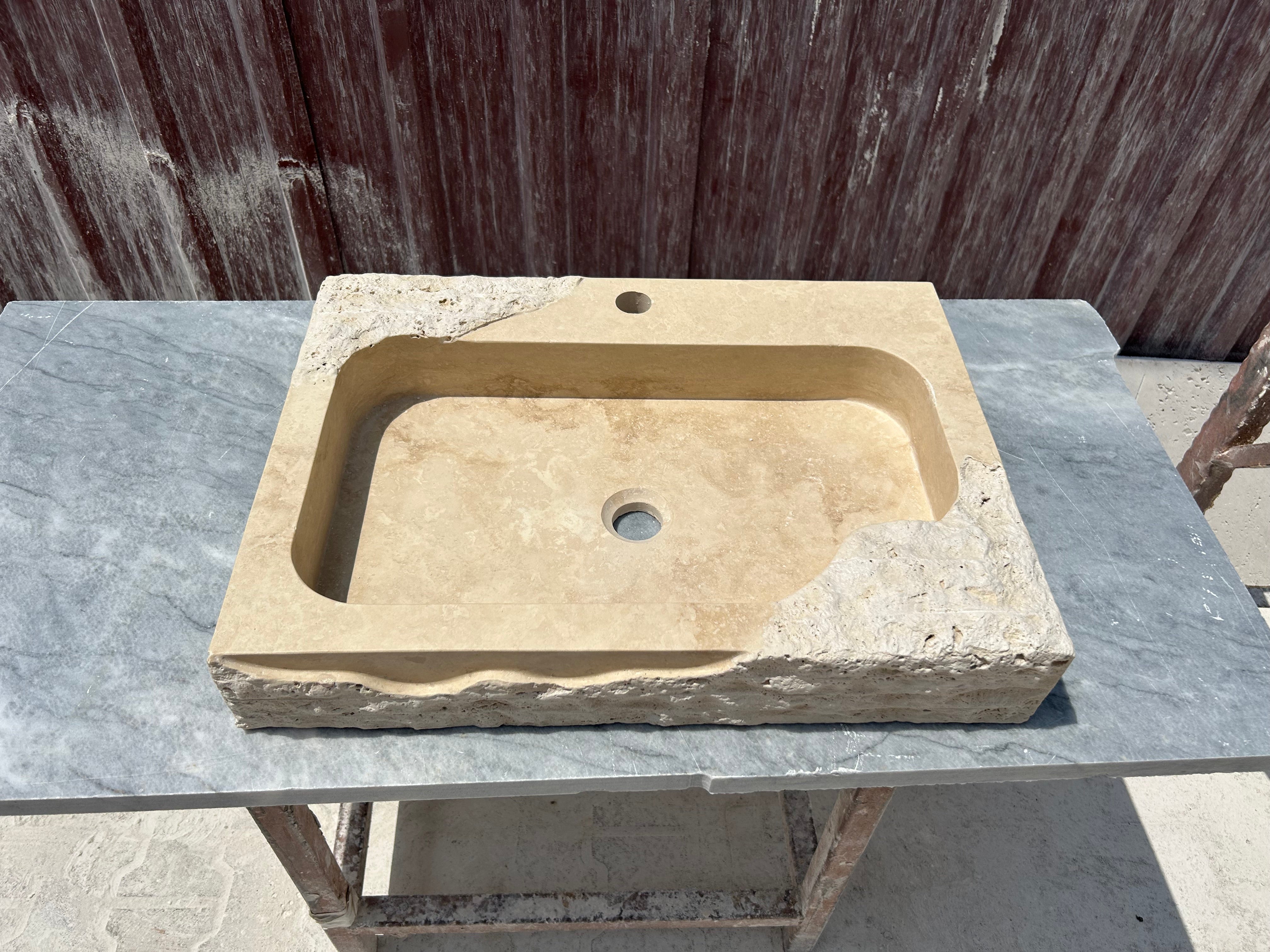 Partial Rough Travertine Marble Sink, Chiseled Stone Wall Mount Sink with Faucet Hole, Vanity Top Sink