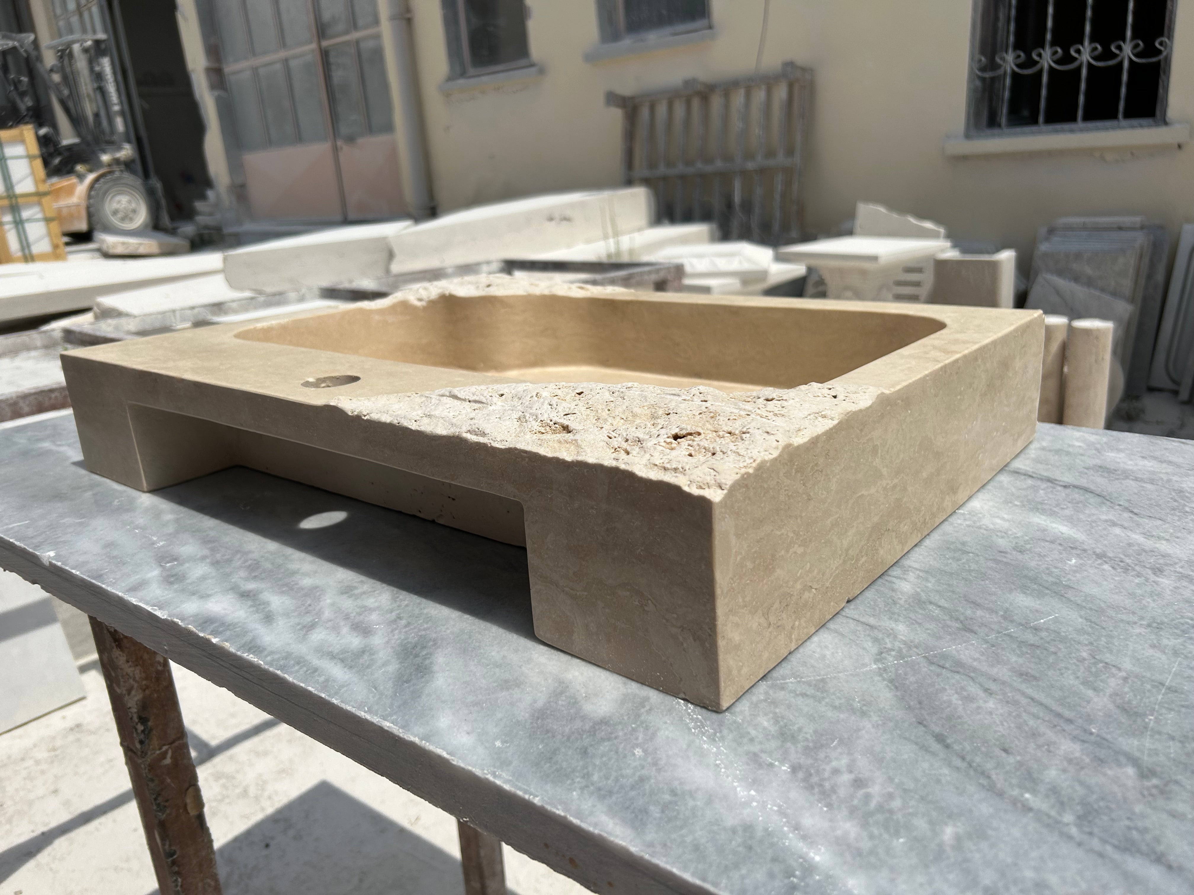 Partial Rough Travertine Marble Sink, Chiseled Stone Wall Mount Sink with Faucet Hole, Vanity Top Sink