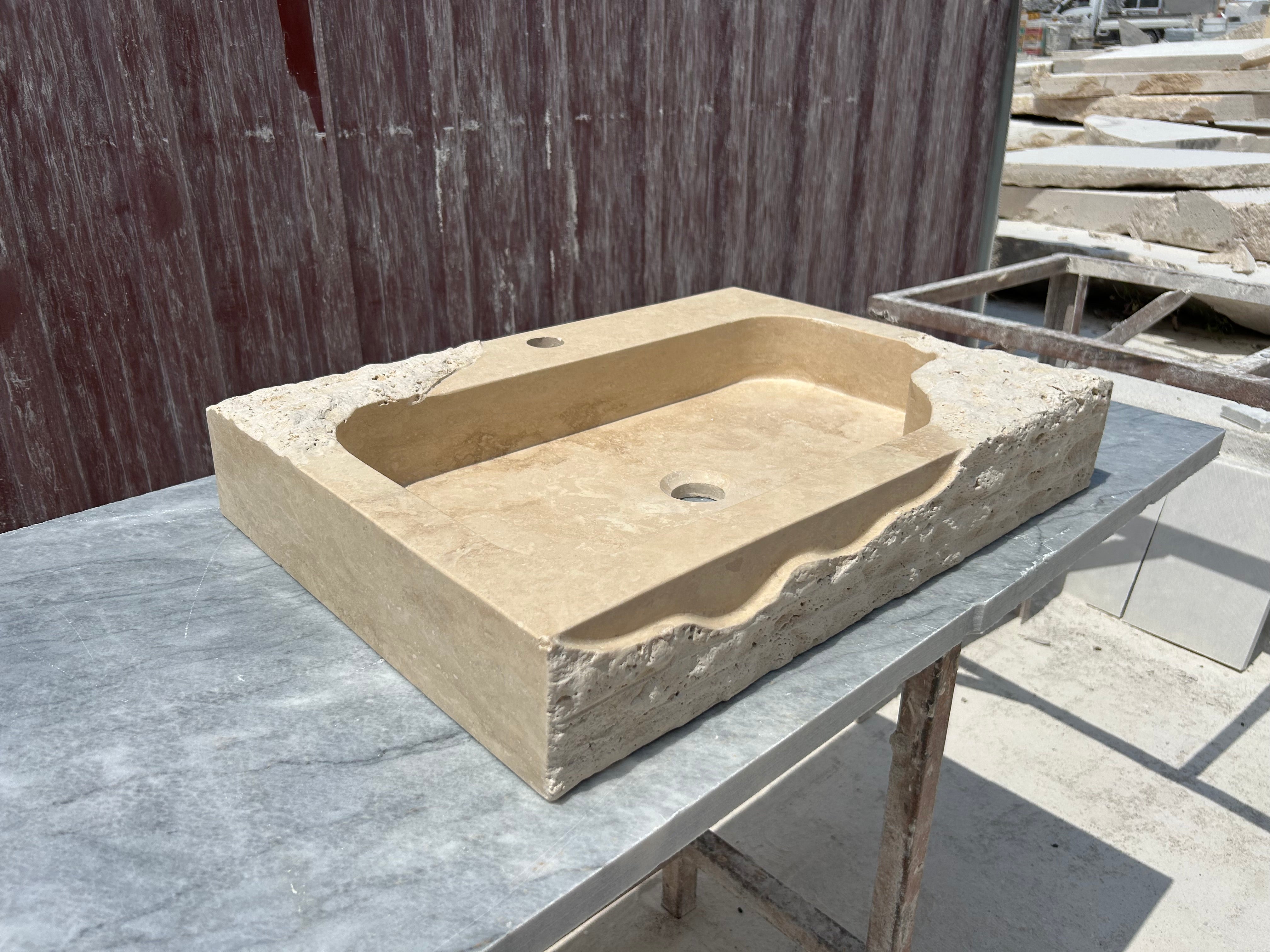 Partial Rough Travertine Marble Sink, Chiseled Stone Wall Mount Sink with Faucet Hole, Vanity Top Sink