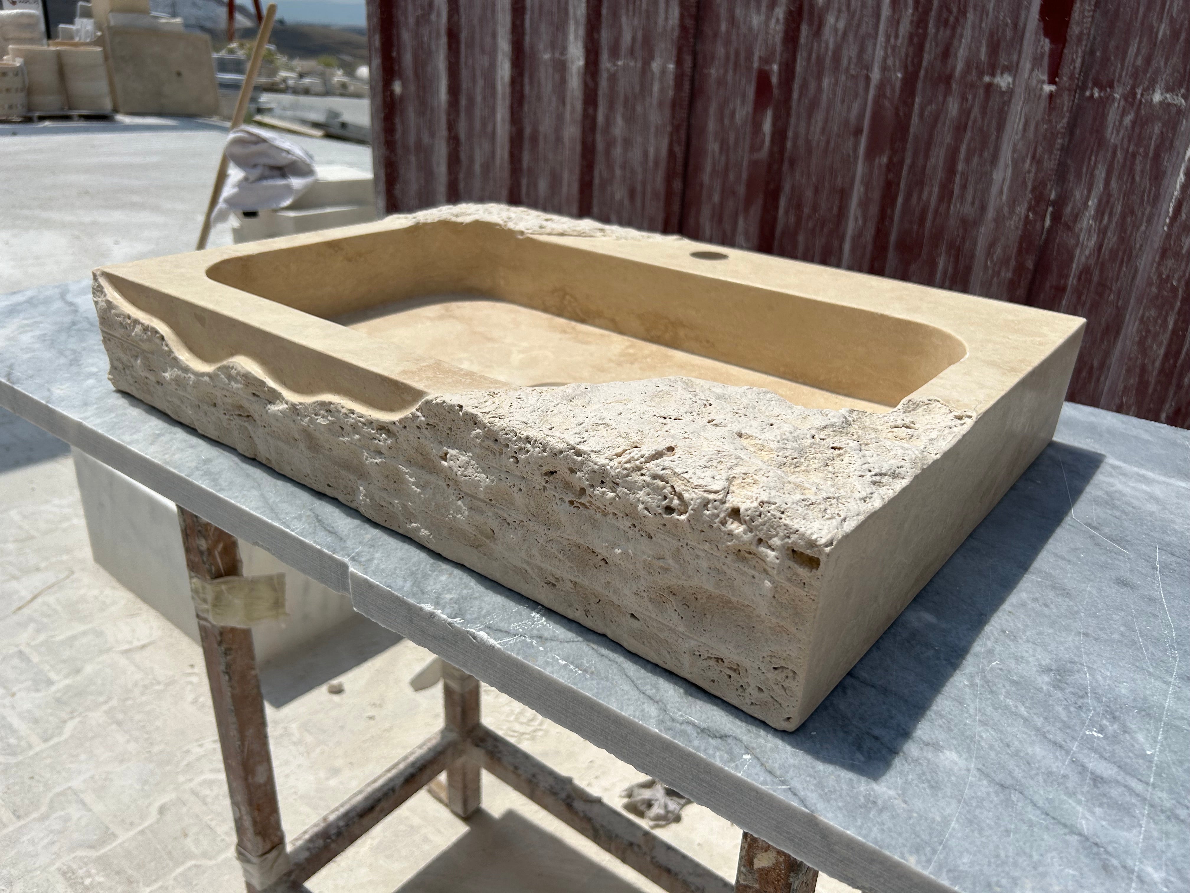 Partial Rough Travertine Marble Sink, Chiseled Stone Wall Mount Sink with Faucet Hole, Vanity Top Sink