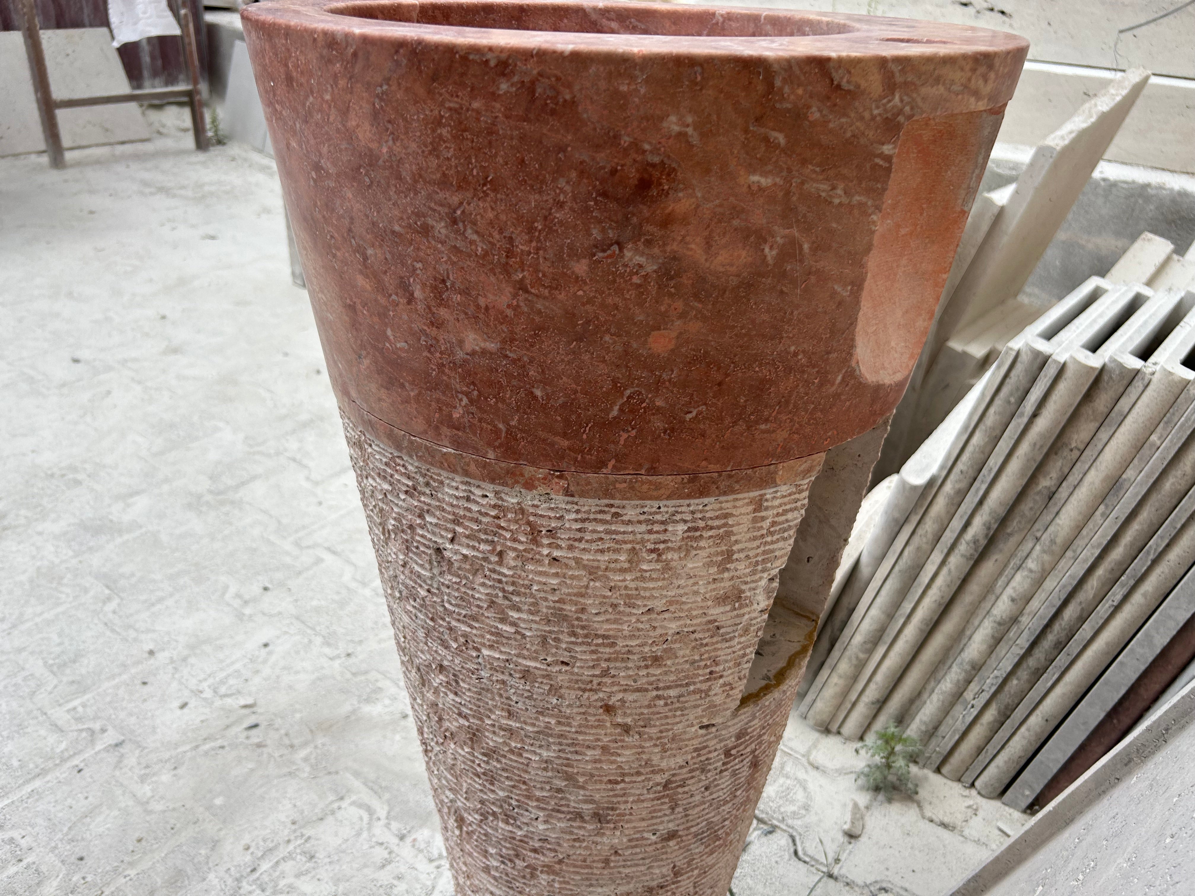 Red Travertine Pedestal Sink Rustic Design, Powder Room Free Standing Sink for Farmhouse Bathroom