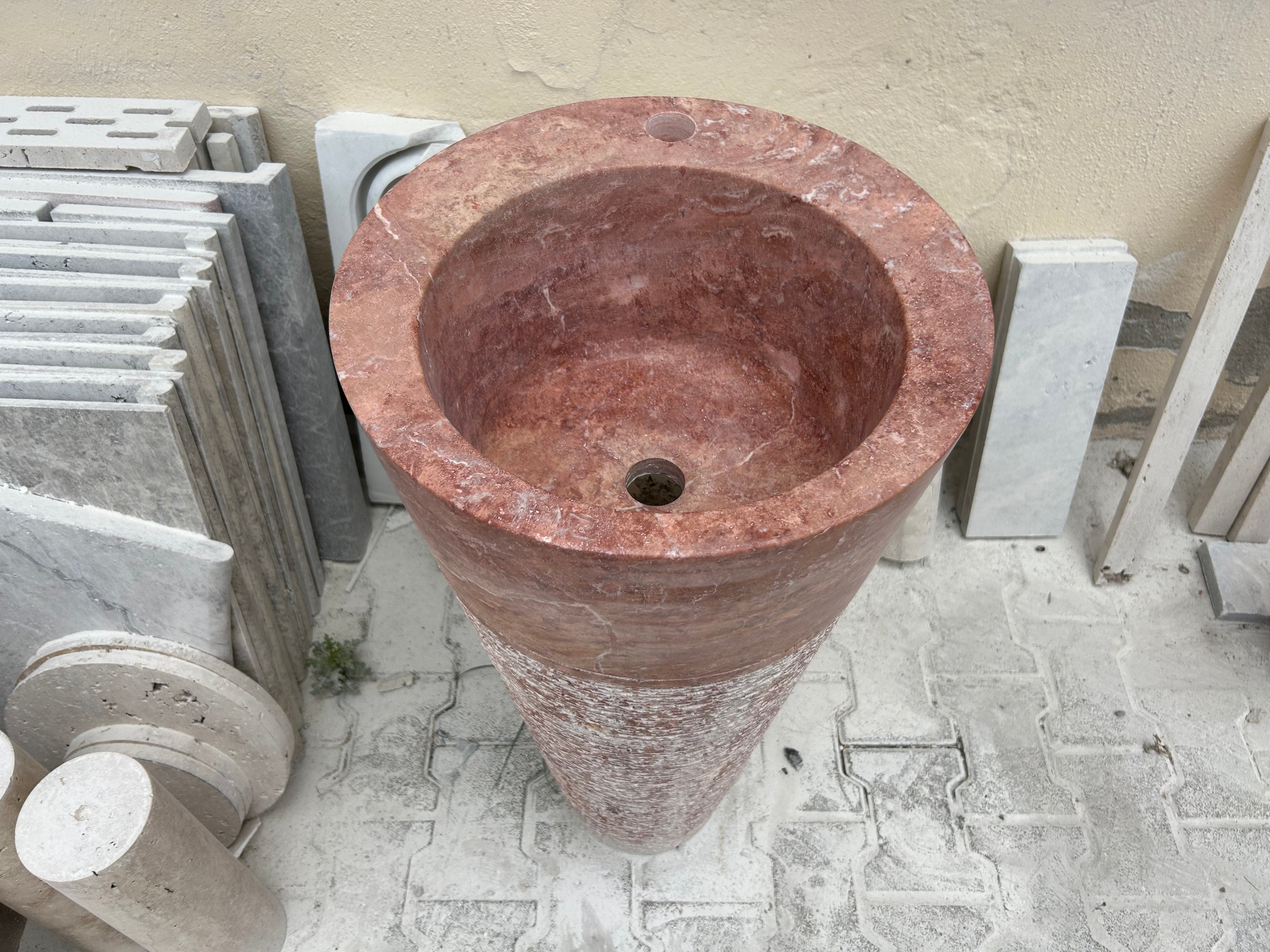 Red Travertine Pedestal Sink Rustic Design, Powder Room Free Standing Sink for Farmhouse Bathroom