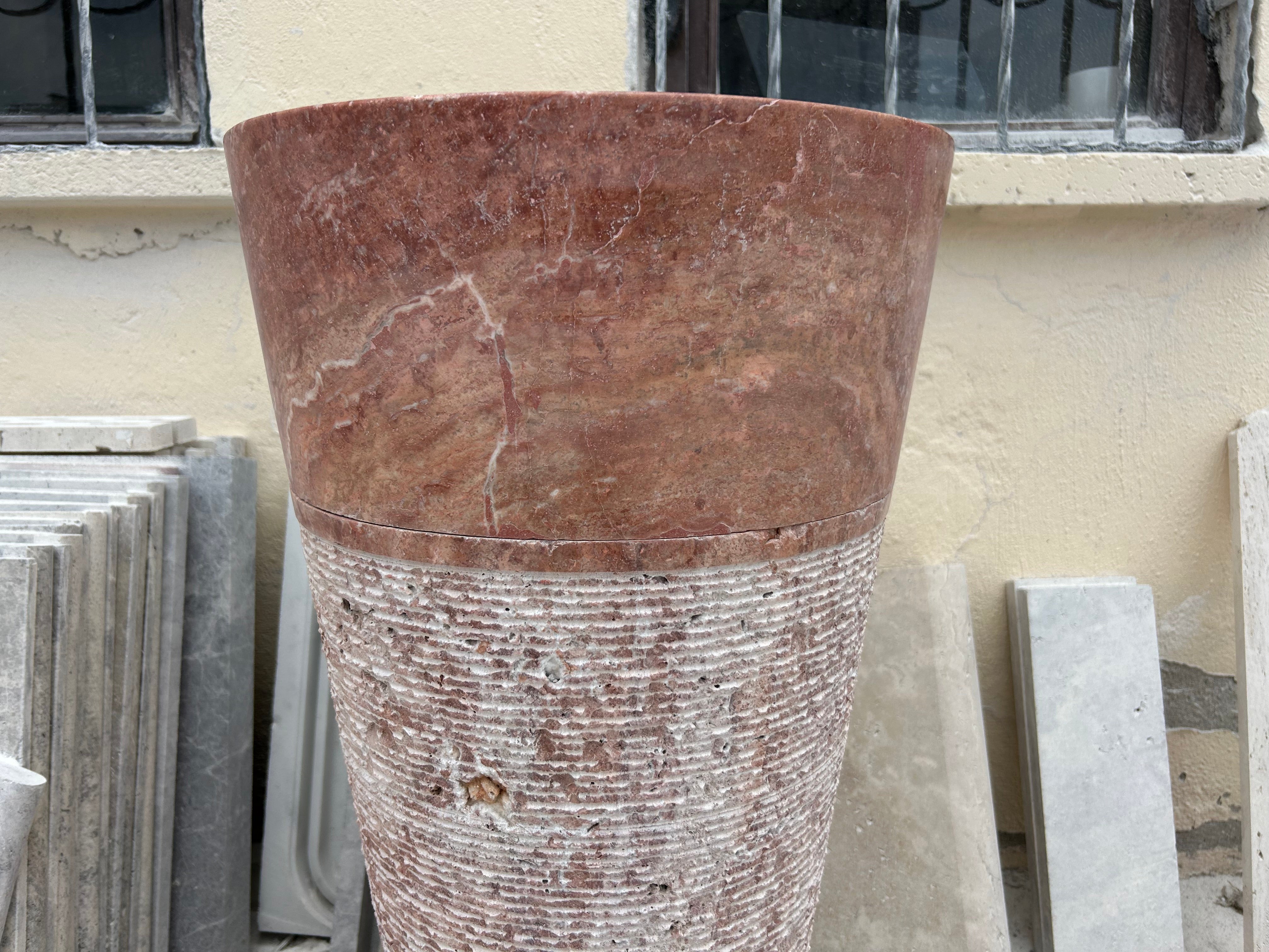 Red Travertine Pedestal Sink Rustic Design, Powder Room Free Standing Sink for Farmhouse Bathroom