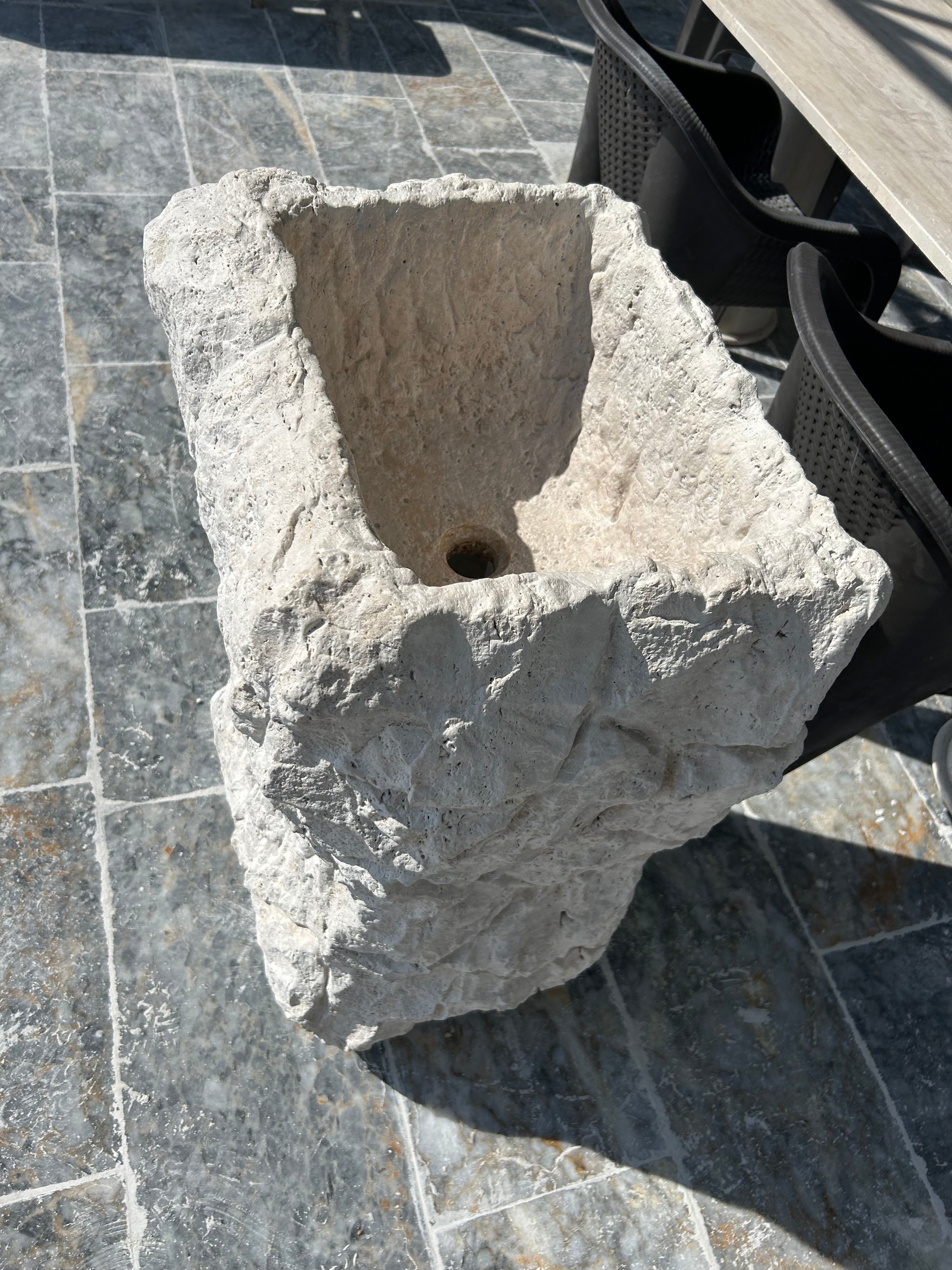 Travertine Sculpture Pedestal Sink Rustic Design, Free Standing Statue Sink for Farmhouse Bathroom