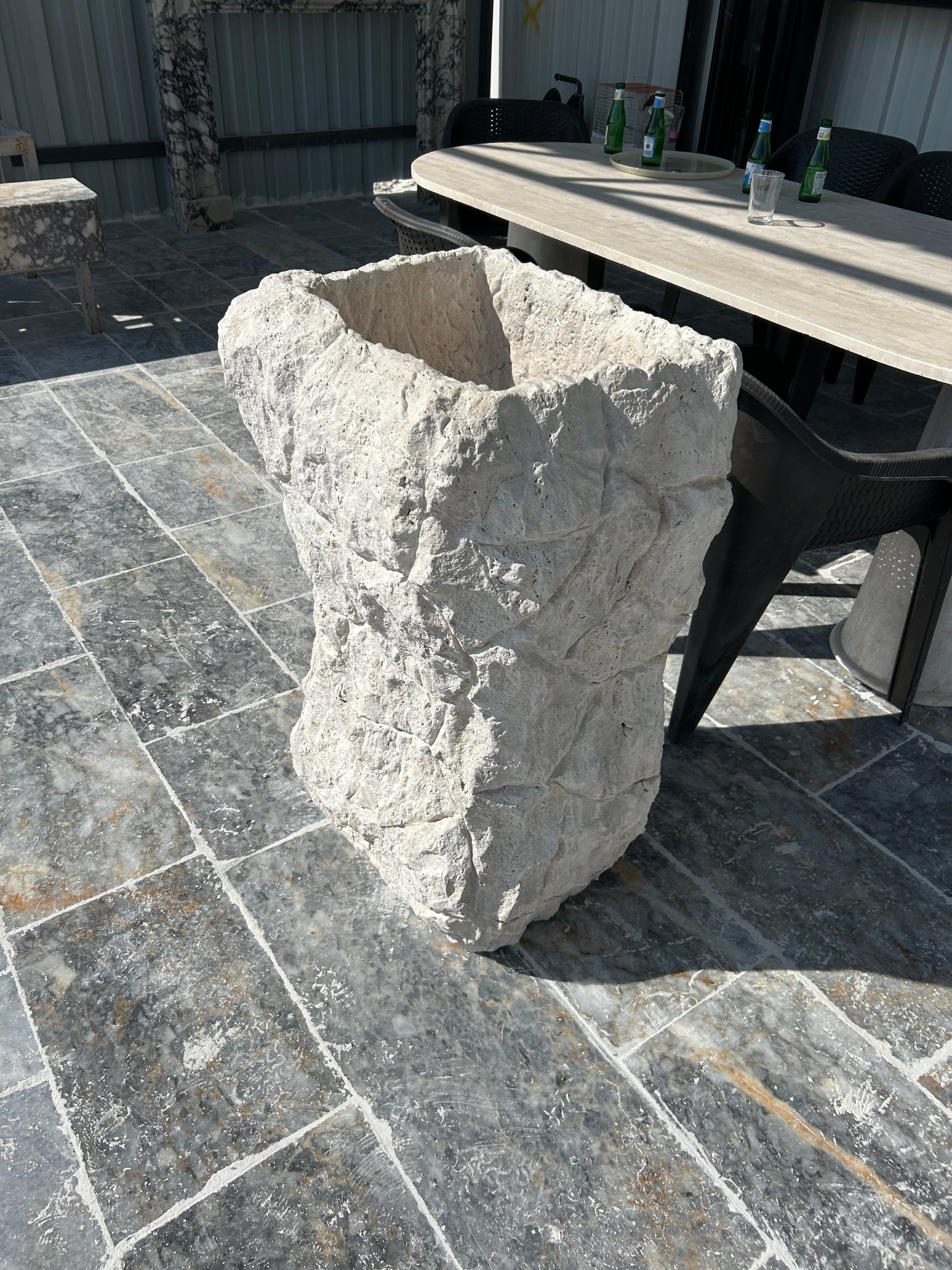 Travertine Sculpture Pedestal Sink Rustic Design, Free Standing Statue Sink for Farmhouse Bathroom
