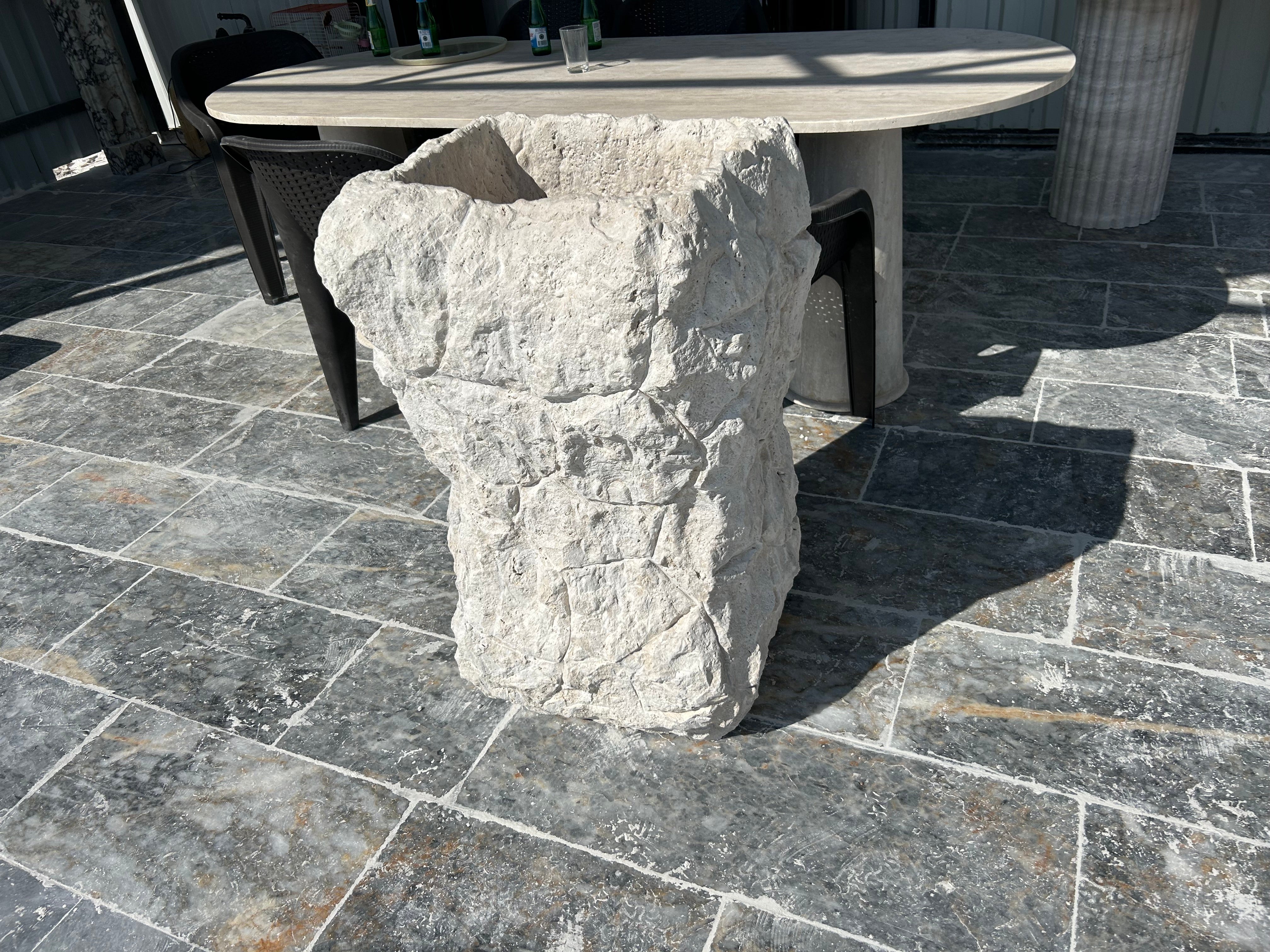 Travertine Sculpture Pedestal Sink Rustic Design, Free Standing Statue Sink for Farmhouse Bathroom
