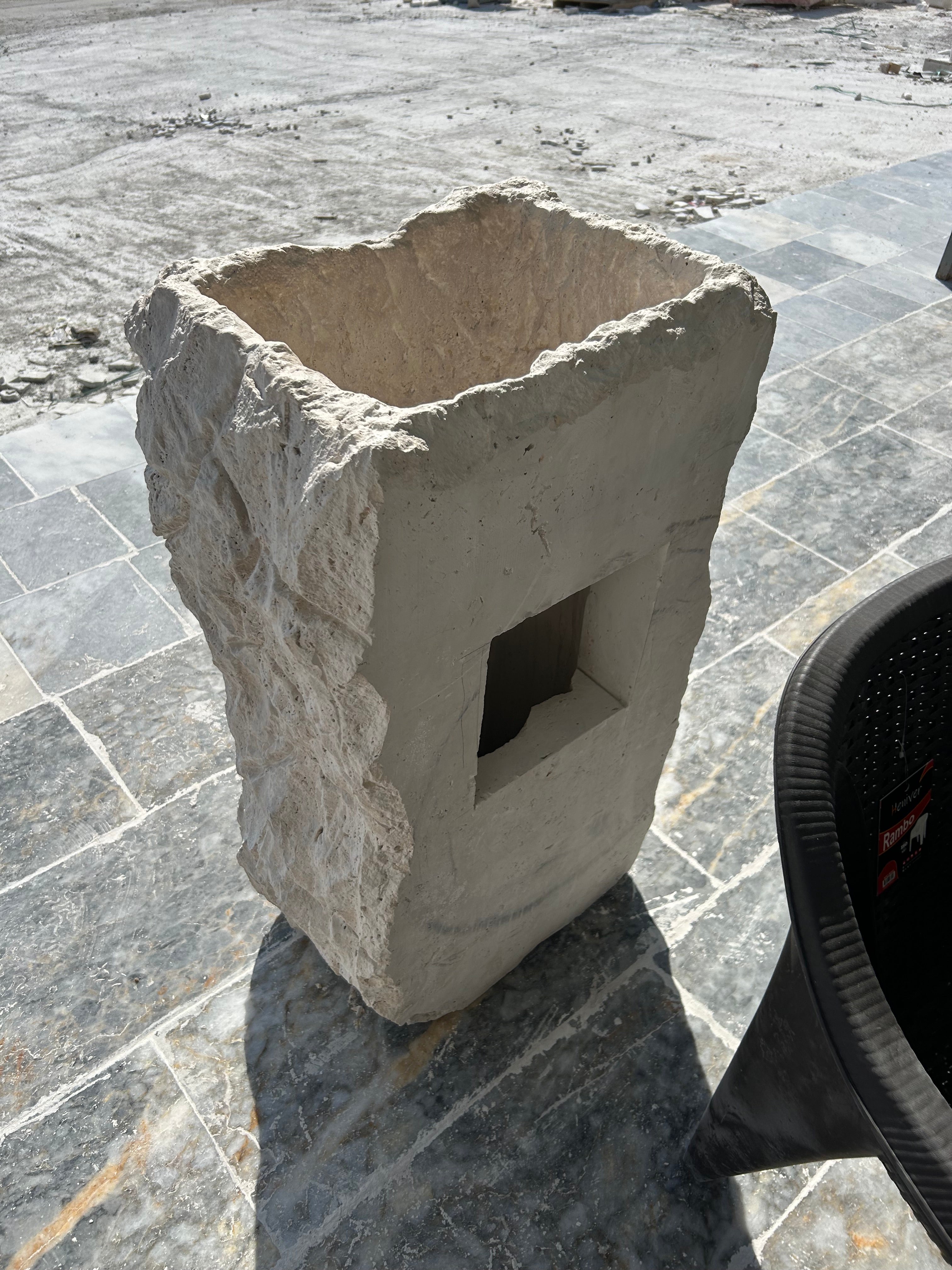 Travertine Sculpture Pedestal Sink Rustic Design, Free Standing Statue Sink for Farmhouse Bathroom