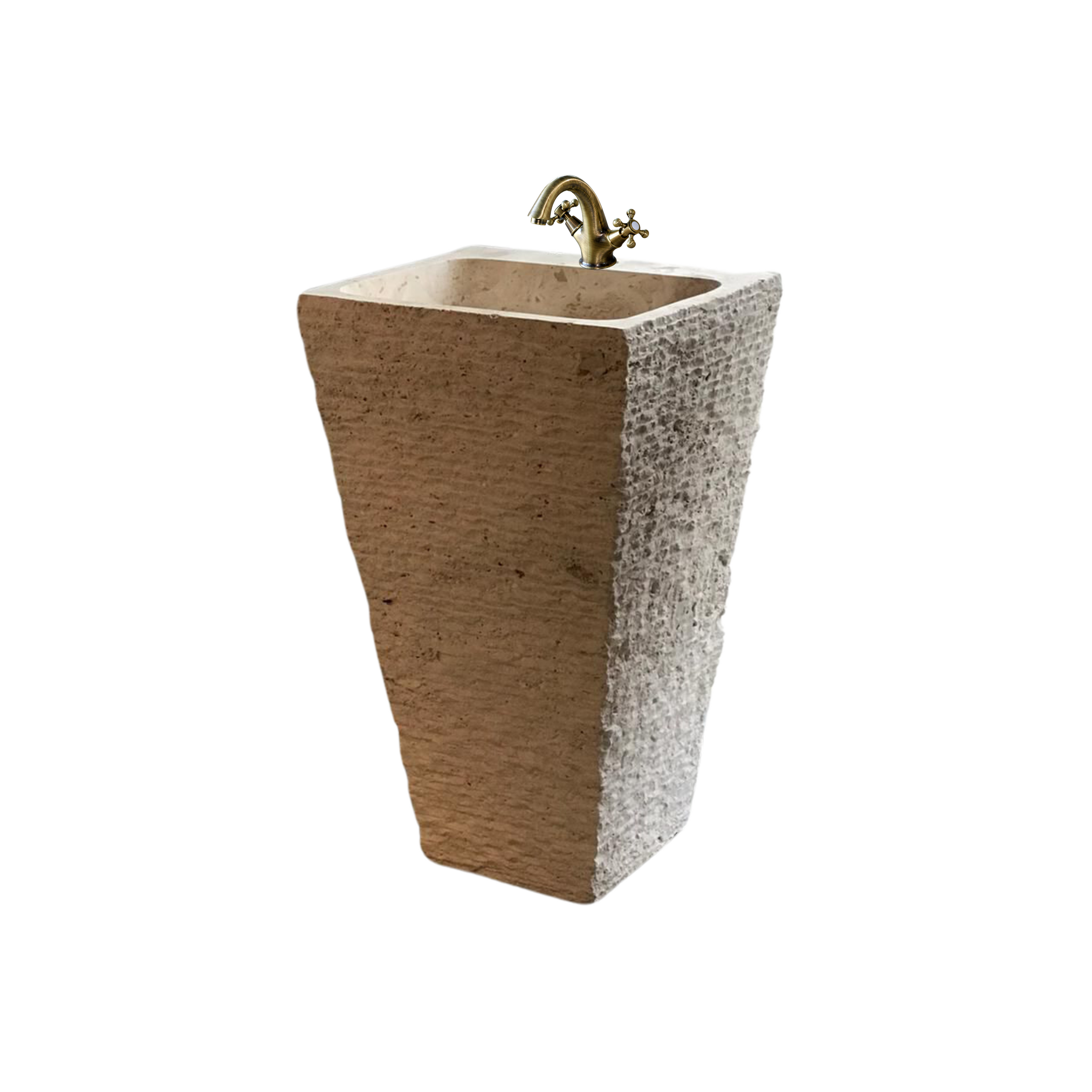 Travertine Pedestal Sink Rustic Design, Powder Room Free Standing Sink for Farmhouse Bathroom