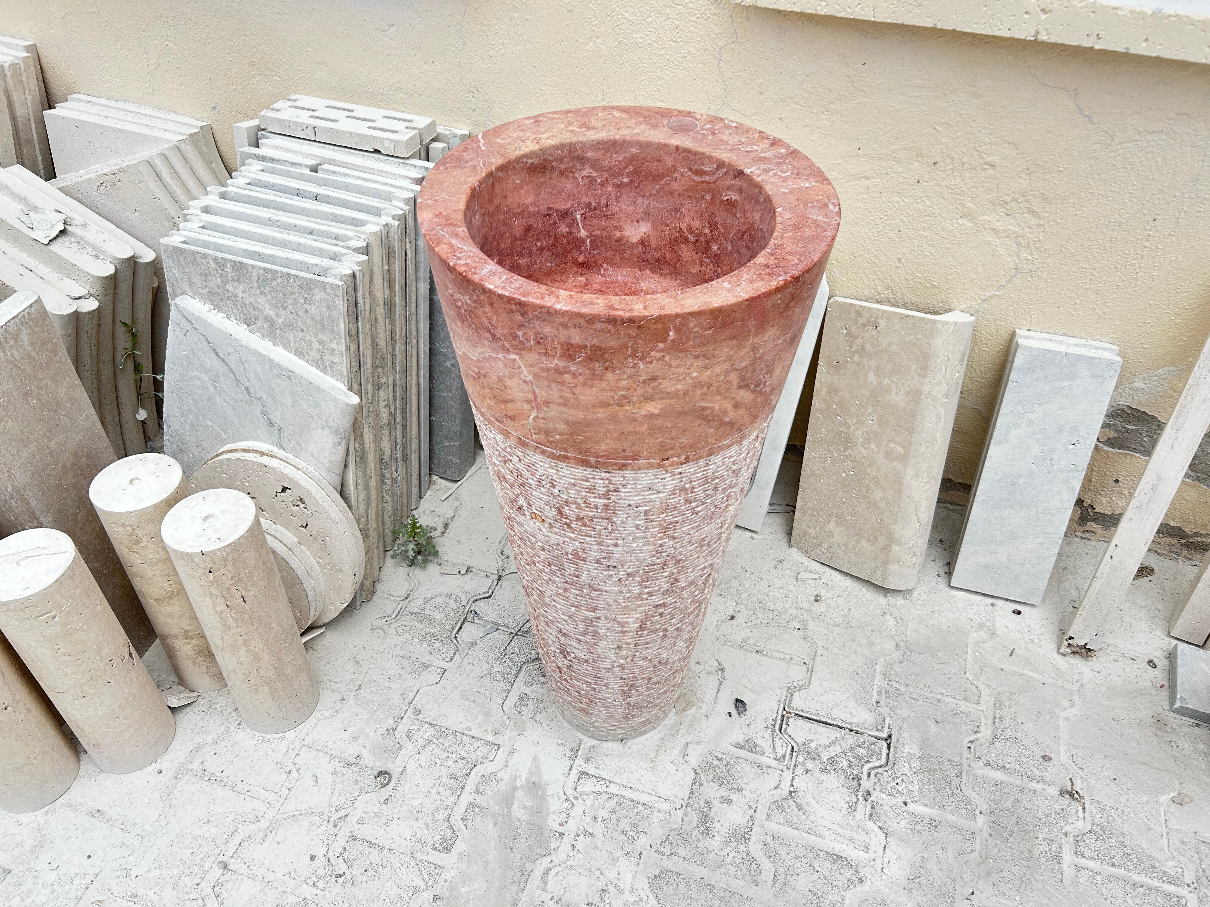 Red Travertine Pedestal Sink Rustic Design, Powder Room Free Standing Sink for Farmhouse Bathroom
