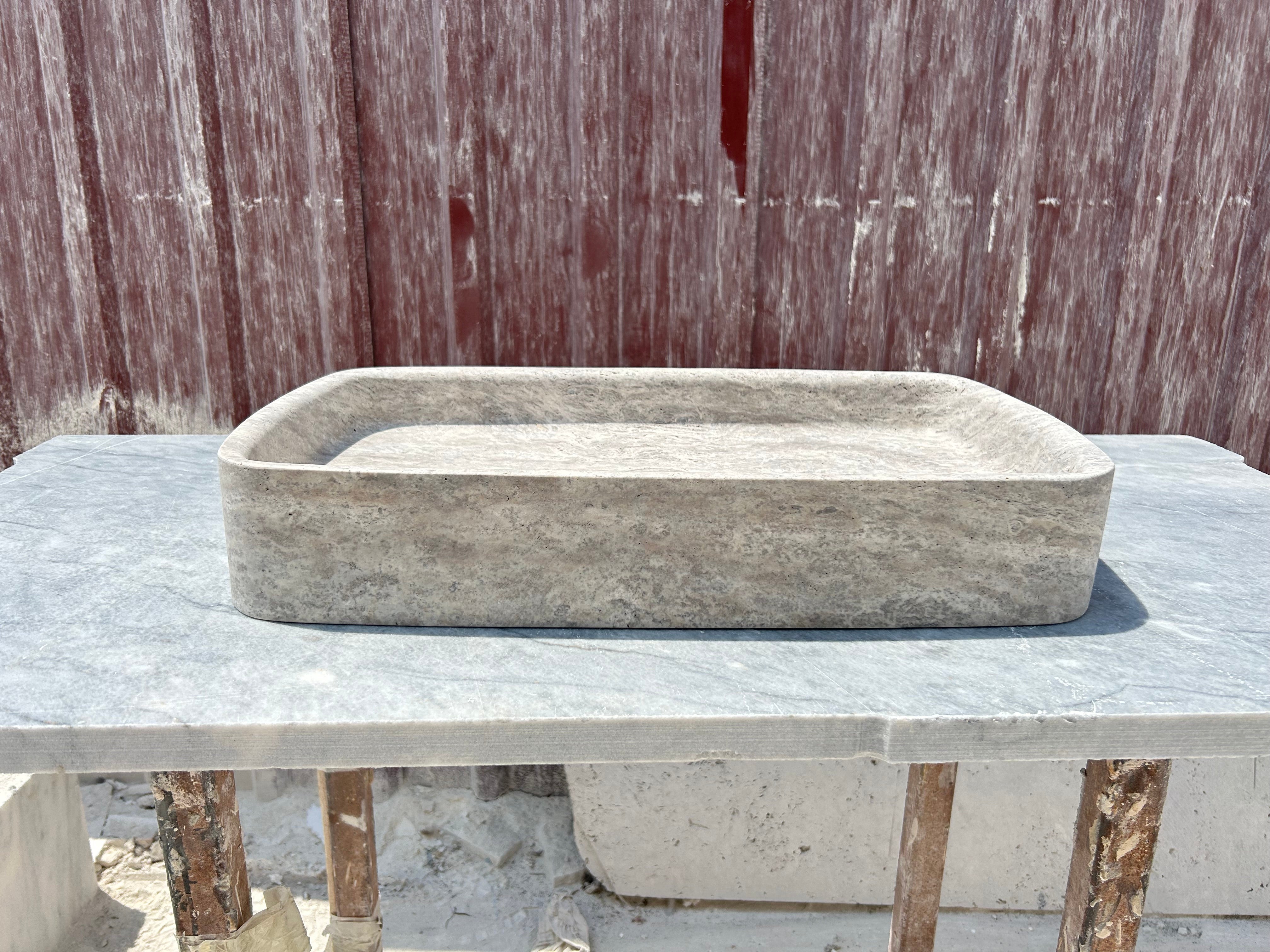 Silver Travertine Marble Sink, Gray Marble Vessel Sink for Bathroom Vanity Top with Marble Sink Strainer Cover