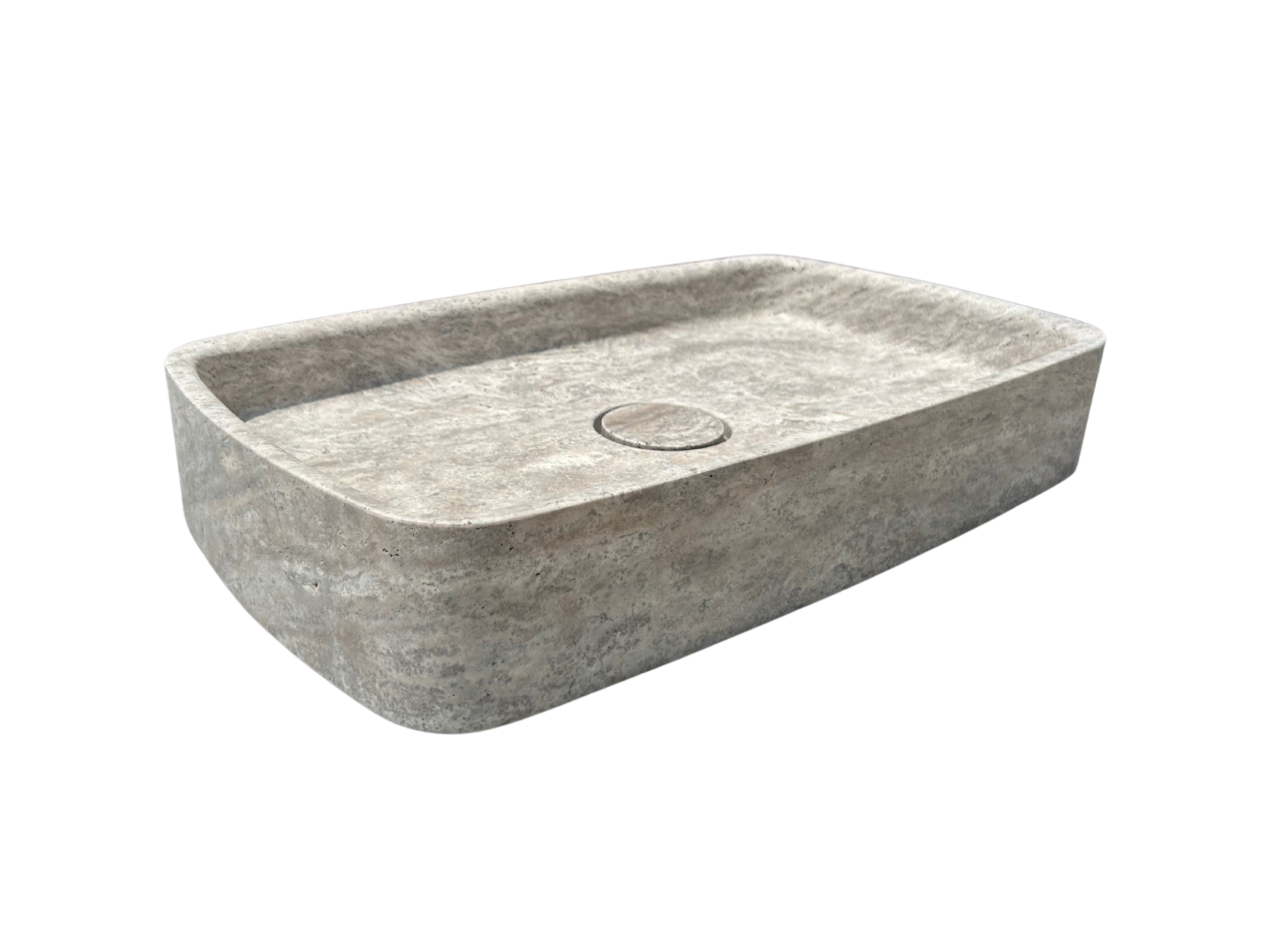 Silver Travertine Marble Sink, Gray Marble Vessel Sink for Bathroom Vanity Top with Marble Sink Strainer Cover