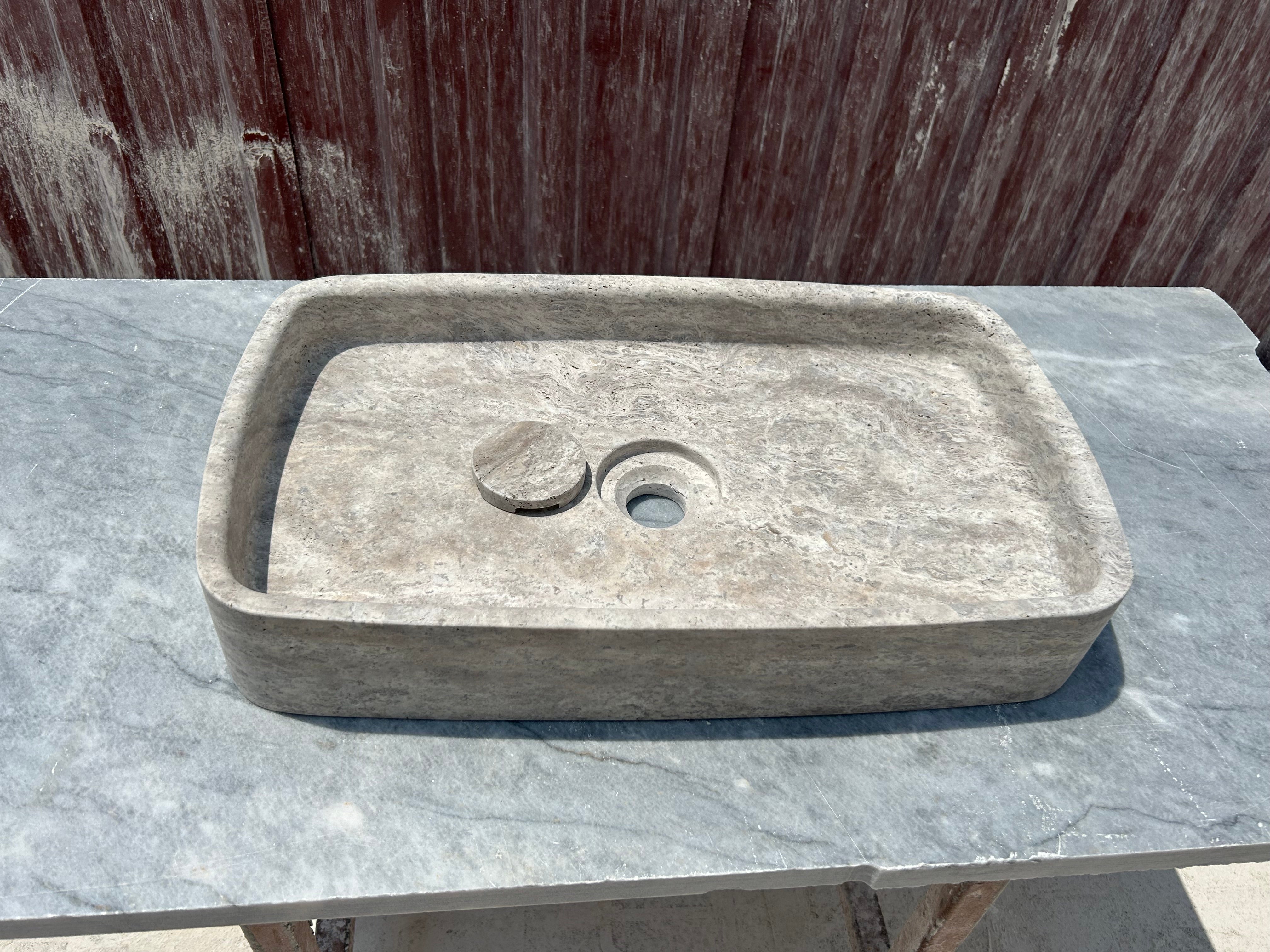 Silver Travertine Marble Sink, Gray Marble Vessel Sink for Bathroom Vanity Top with Marble Sink Strainer Cover
