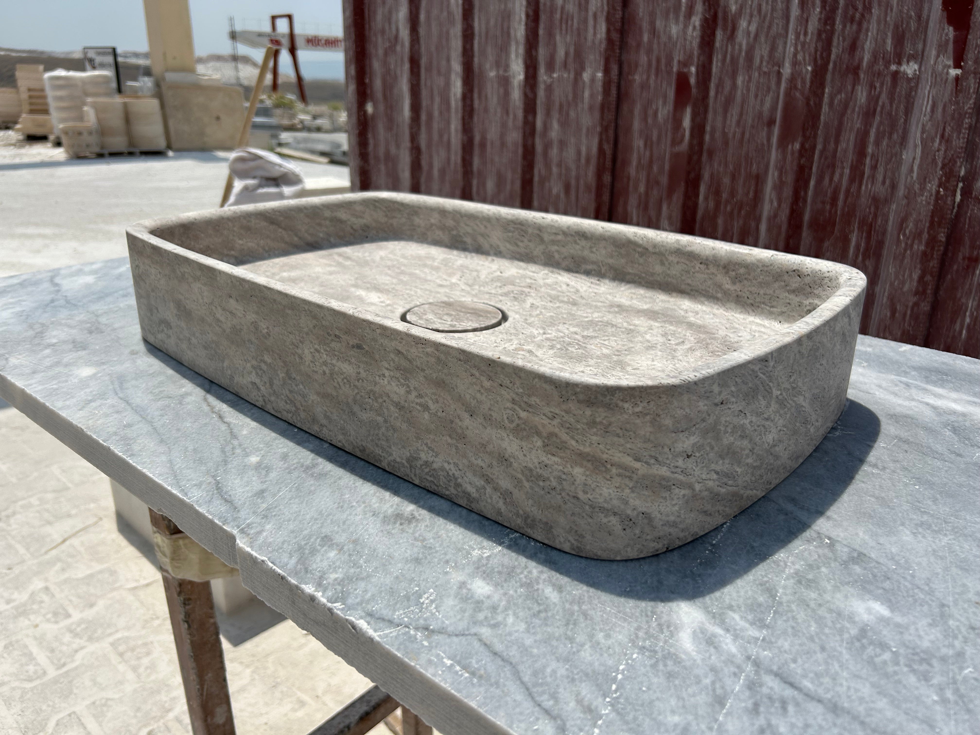 Silver Travertine Marble Sink, Gray Marble Vessel Sink for Bathroom Vanity Top with Marble Sink Strainer Cover
