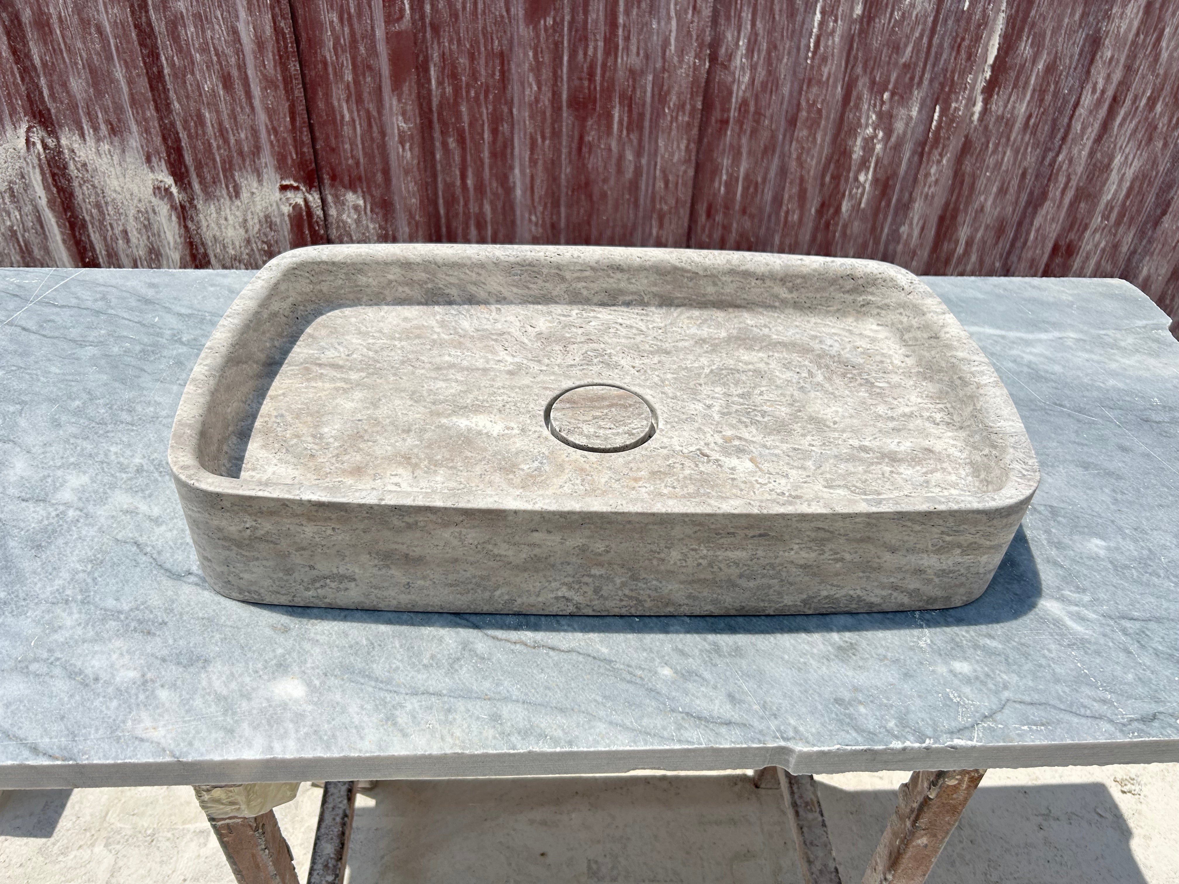 Silver Travertine Marble Sink, Gray Marble Vessel Sink for Bathroom Vanity Top with Marble Sink Strainer Cover