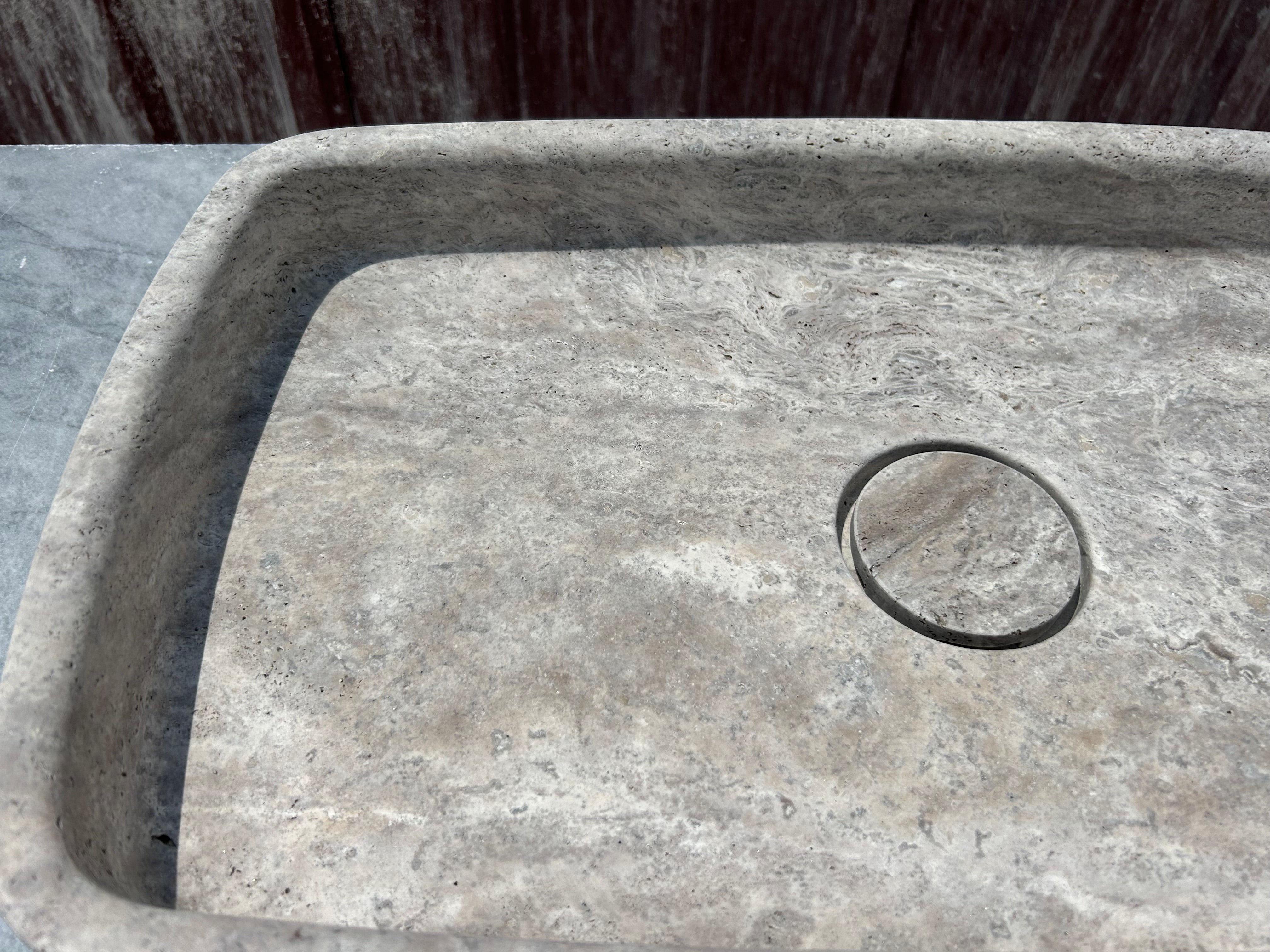Silver Travertine Marble Sink, Gray Marble Vessel Sink for Bathroom Vanity Top with Marble Sink Strainer Cover