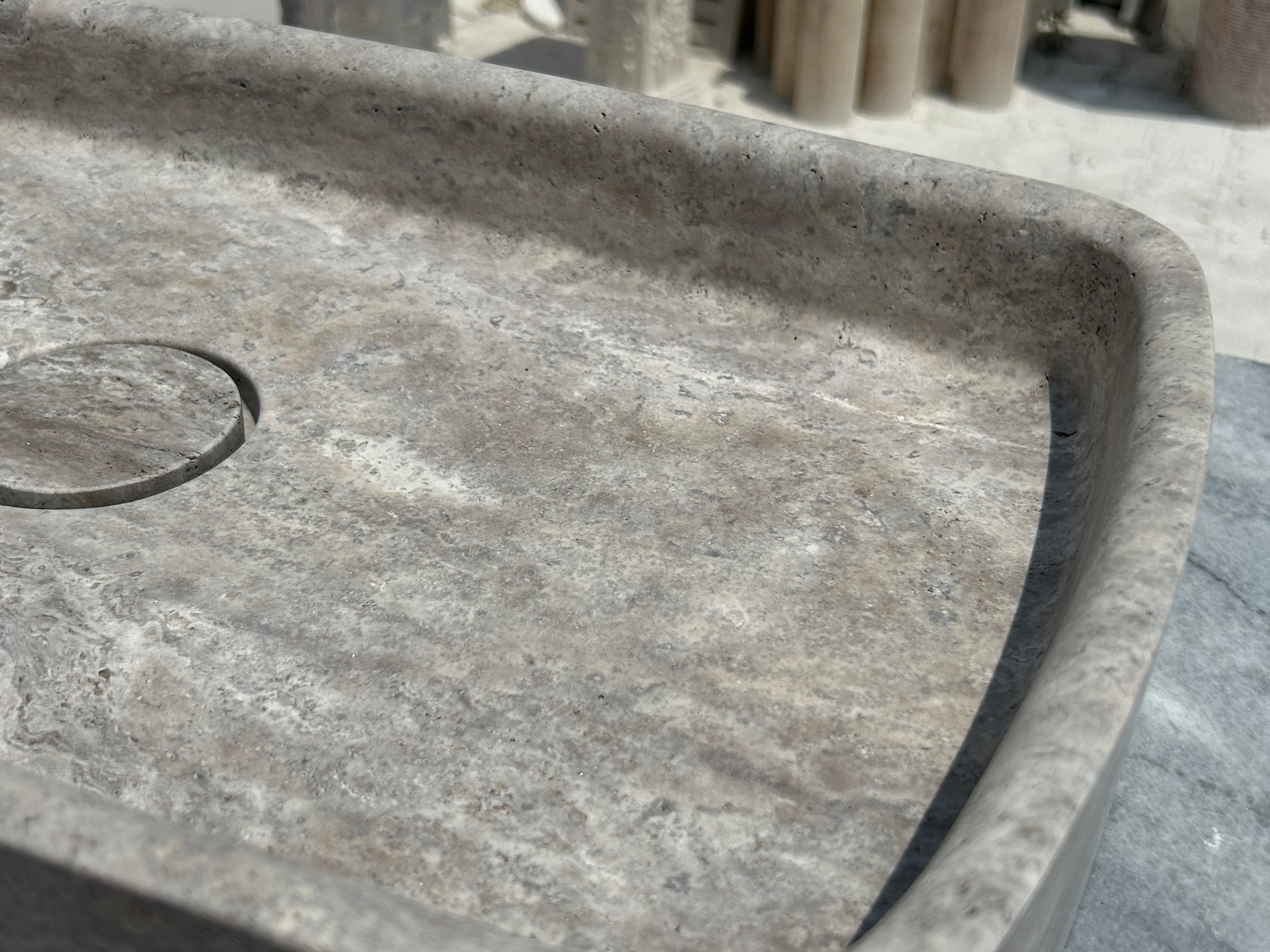 Silver Travertine Marble Sink, Gray Marble Vessel Sink for Bathroom Vanity Top with Marble Sink Strainer Cover