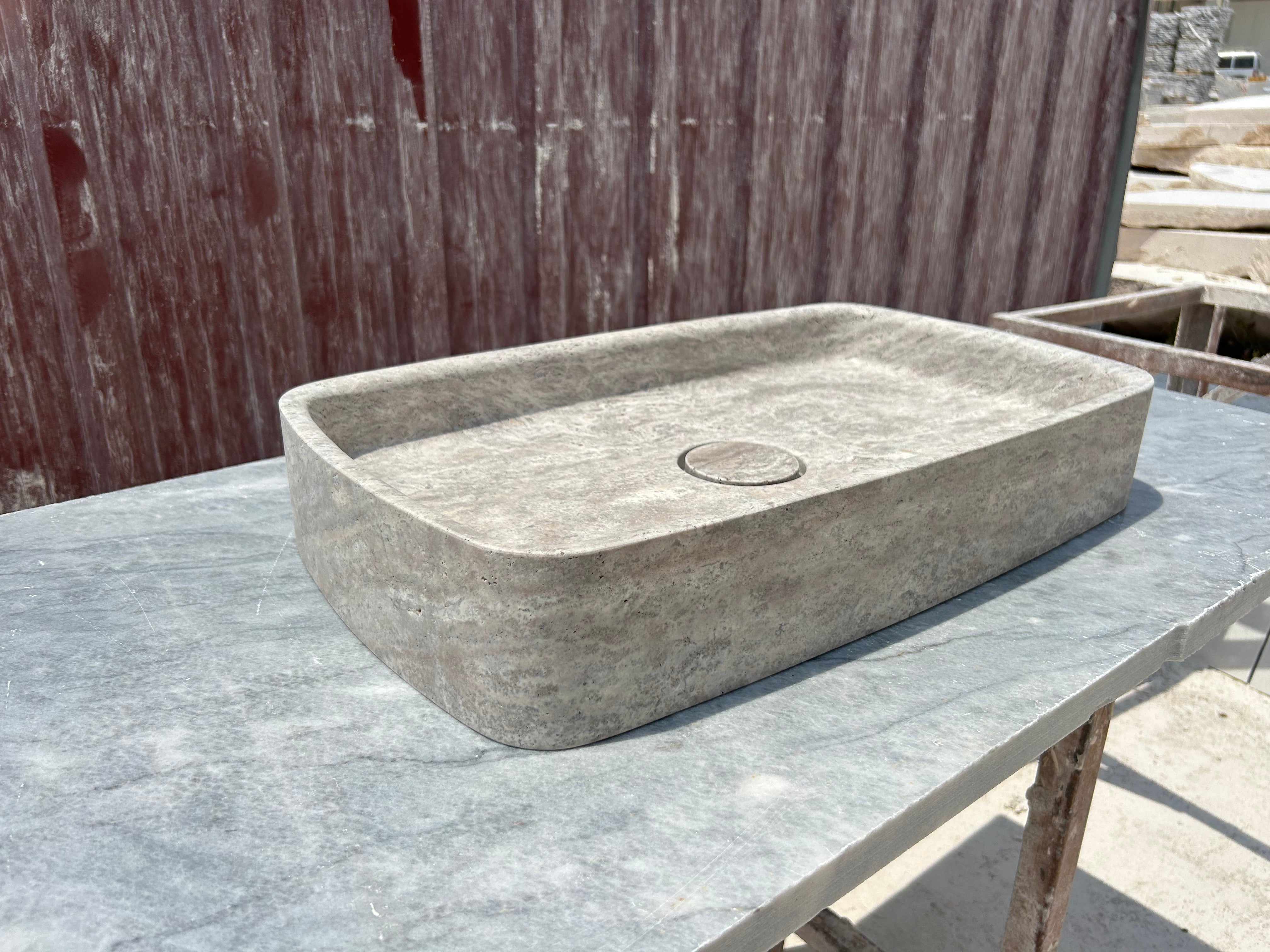 Silver Travertine Marble Sink, Gray Marble Vessel Sink for Bathroom Vanity Top with Marble Sink Strainer Cover