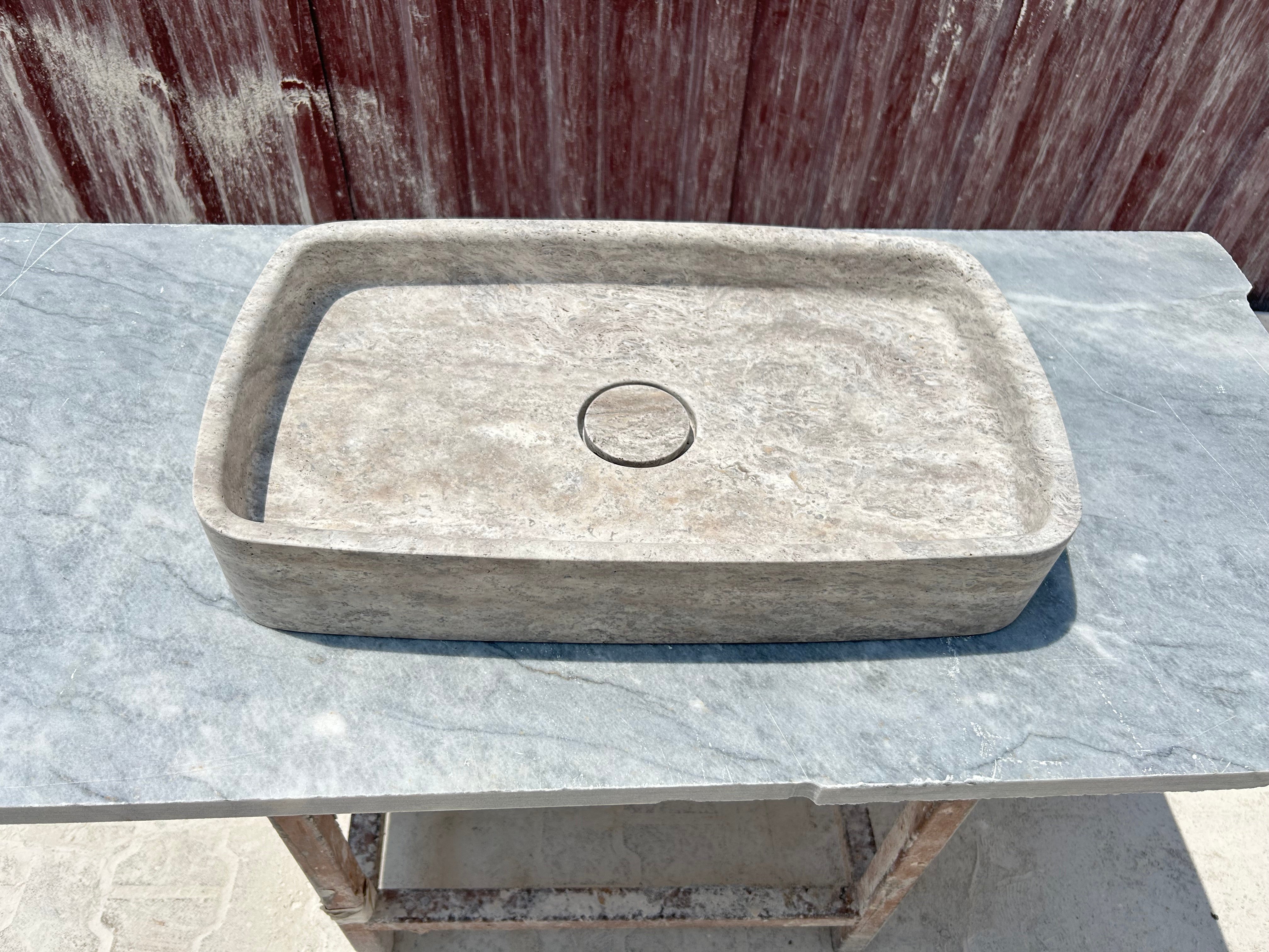Silver Travertine Marble Sink, Gray Marble Vessel Sink for Bathroom Vanity Top with Marble Sink Strainer Cover
