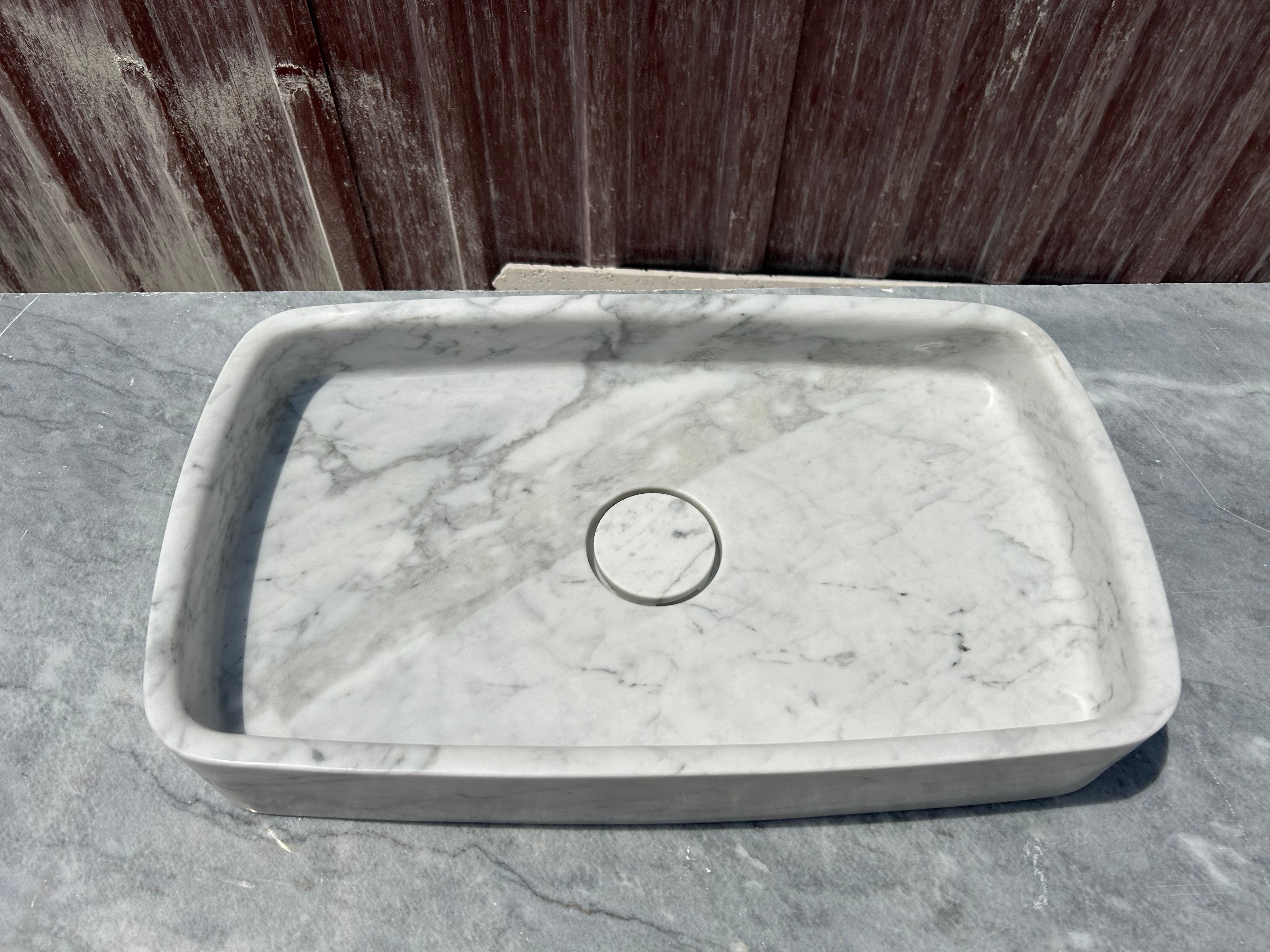 Calacatta Gold Marble Sink, White Marble Vessel Sink on Top of Bathroom Vanity with Marble Sink Strainer Cover