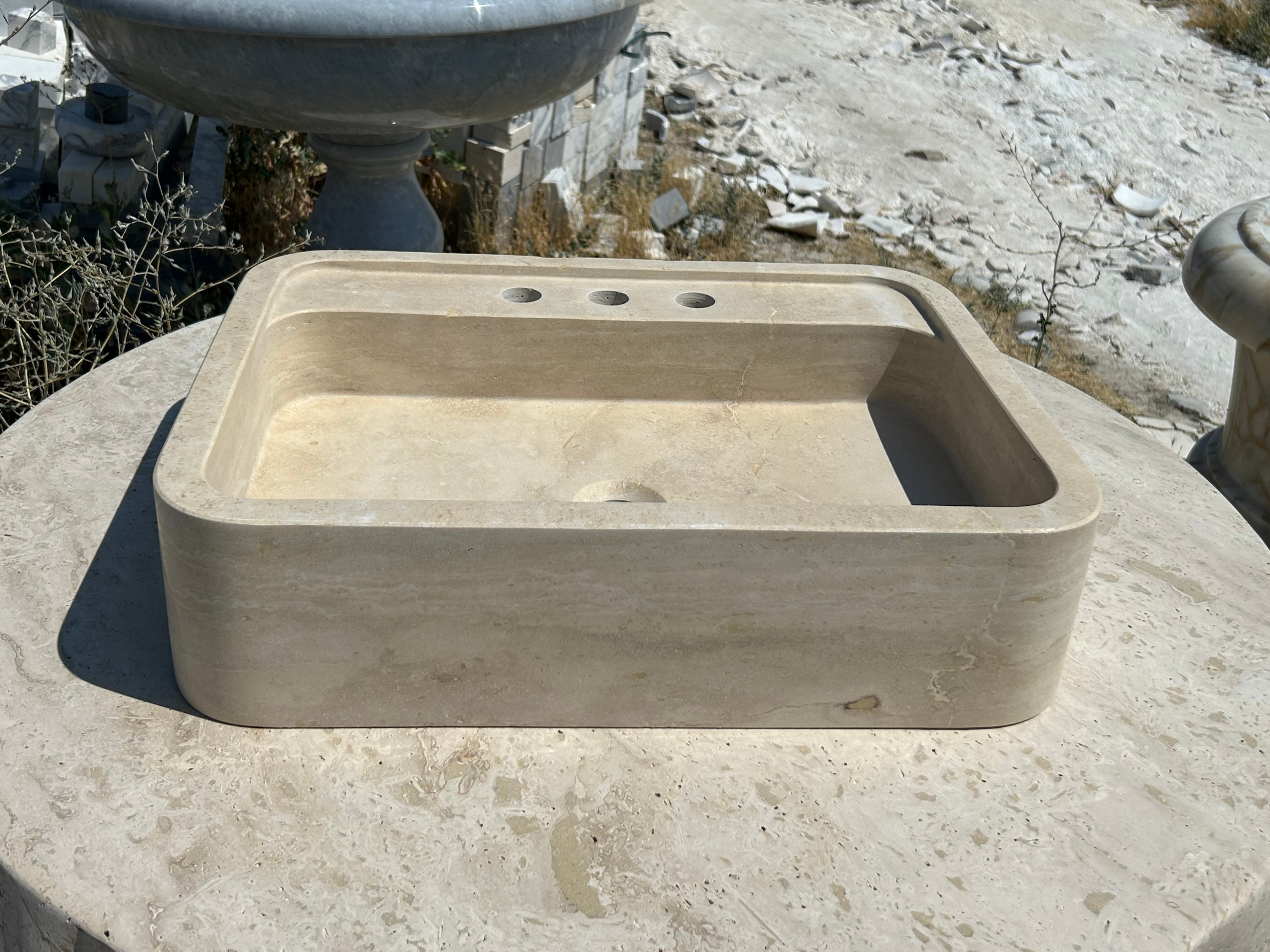 Travertine Wall Mount Sink, Rectangular Marble Washbasin, Floating Vanity For Bathroom