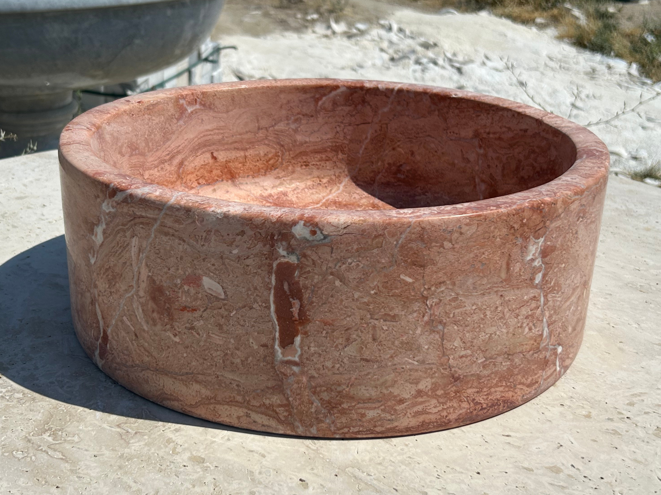 Red Travertine Round Sink, Vessel Marble Sink on top of Bathroom Vanity Sink Rustic Design for Farmhouse Powder Room