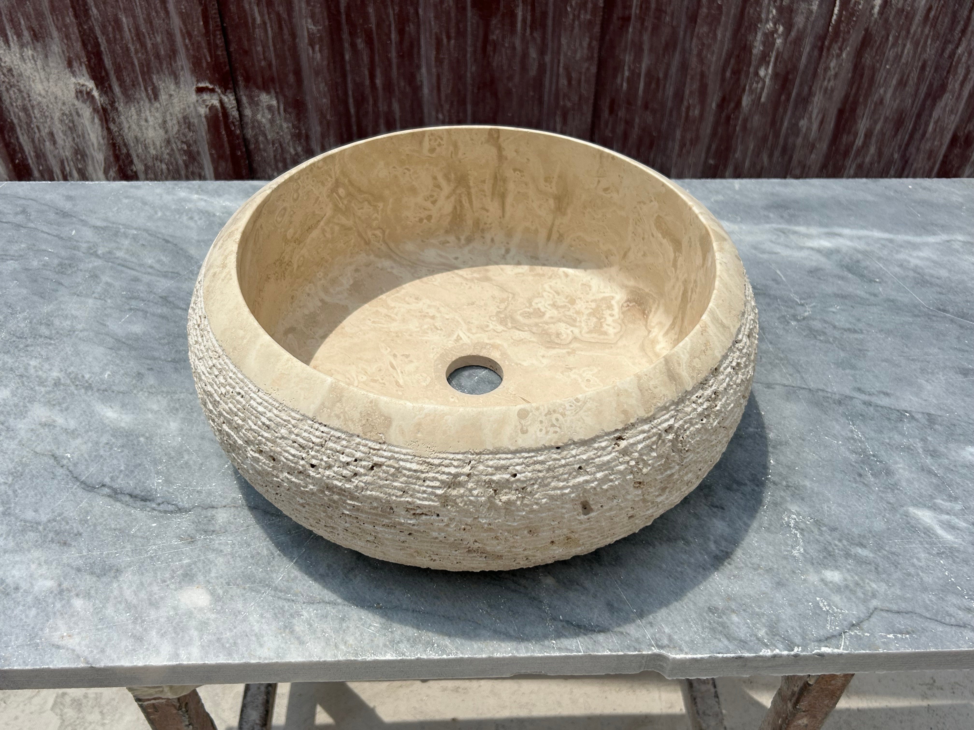 Chiseled Travertine Marble Sink, Stone Washbasin for Bathroom Vanity Top  for Farmhouse Powder Room