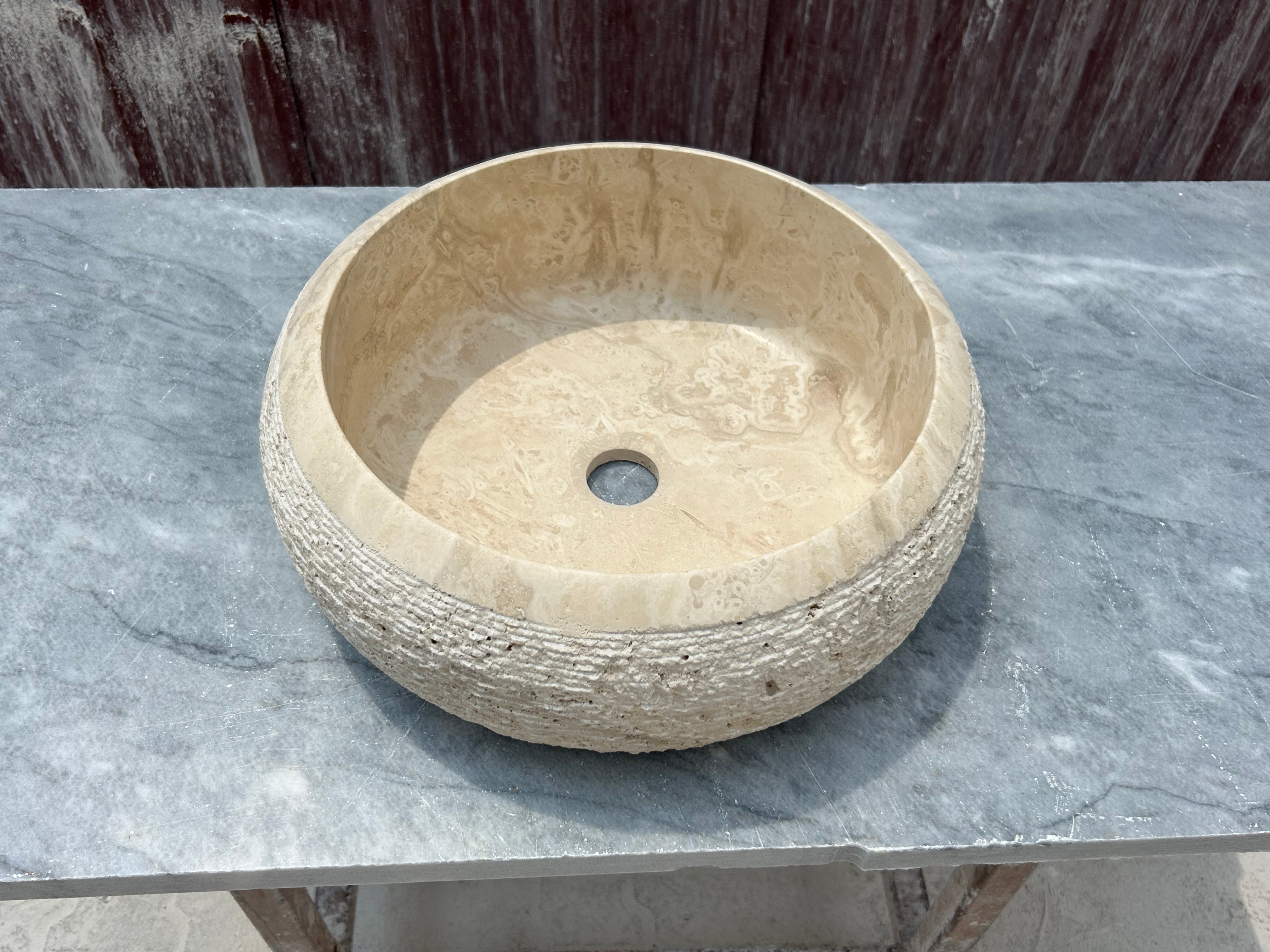 Chiseled Travertine Marble Sink, Stone Washbasin for Bathroom Vanity Top  for Farmhouse Powder Room