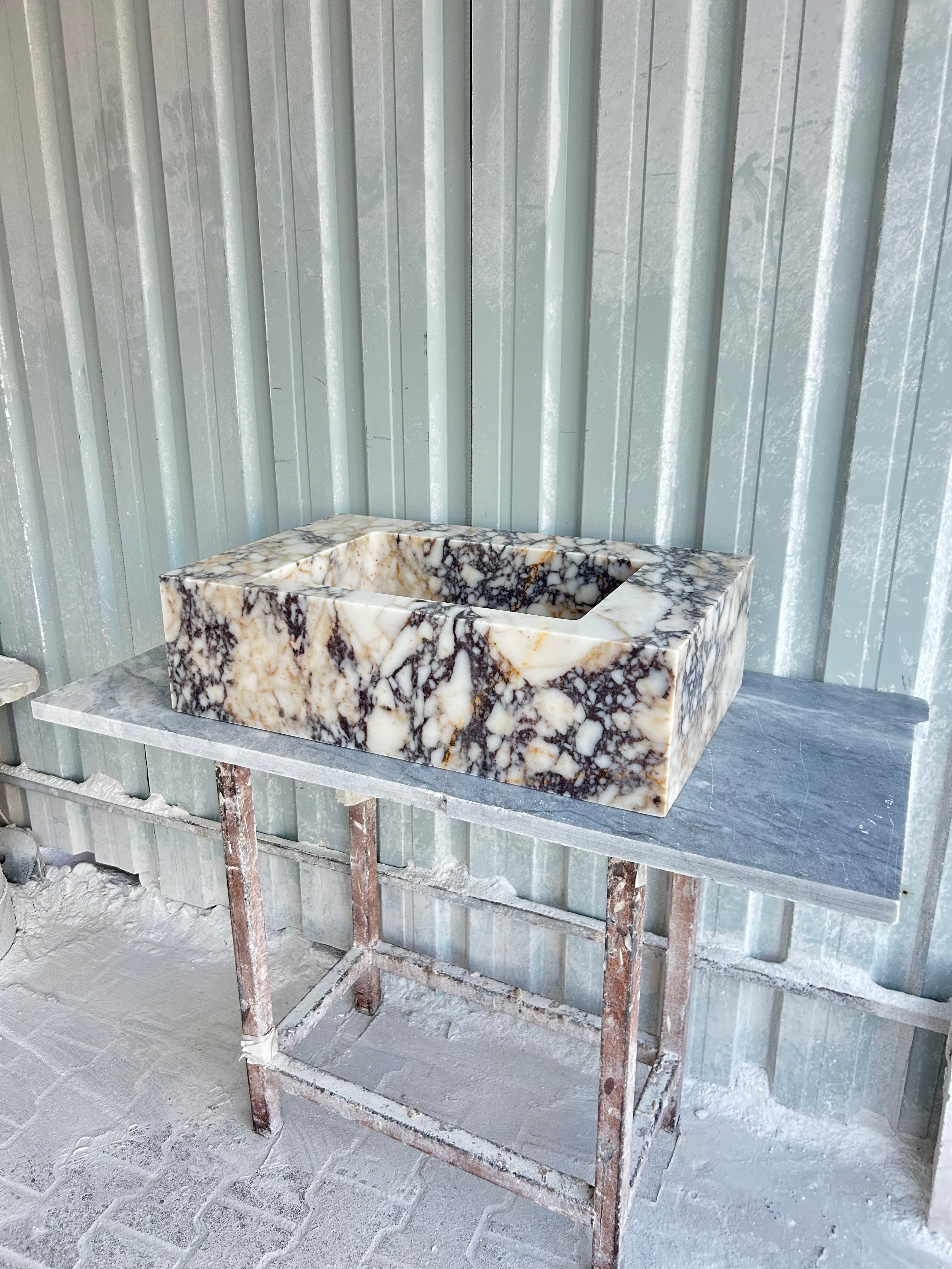 Calacatta Viola Wall Mount Sink, Marble Washbasin, Farmhouse Sink, Antique Marble Floating Vanity For Bathroom