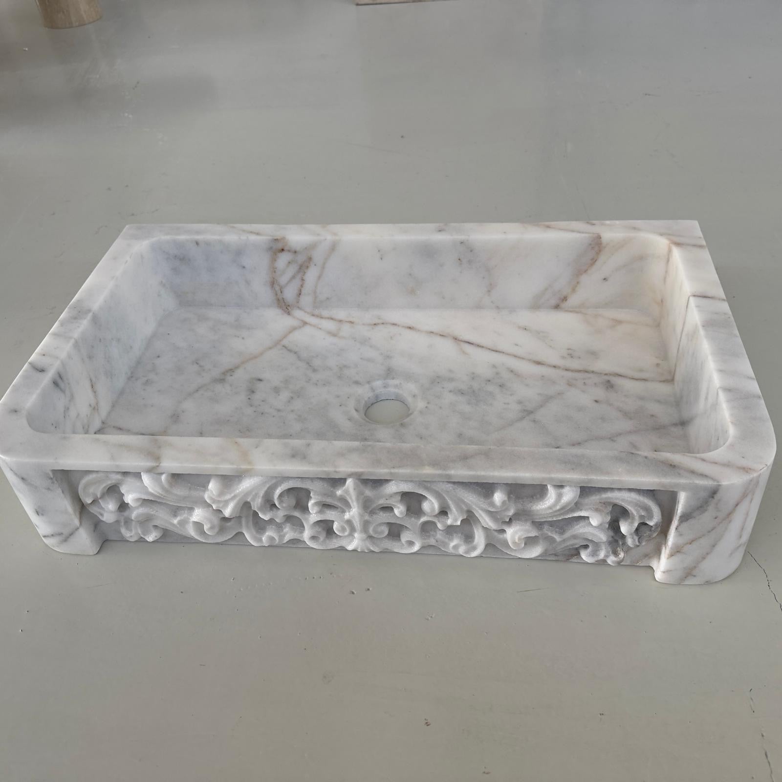 Relief Front Calacatta Sink, Vessel Sink, Farmhouse Sink, Marble Washbasin, Marble Sink For Bathroom Vanity Top