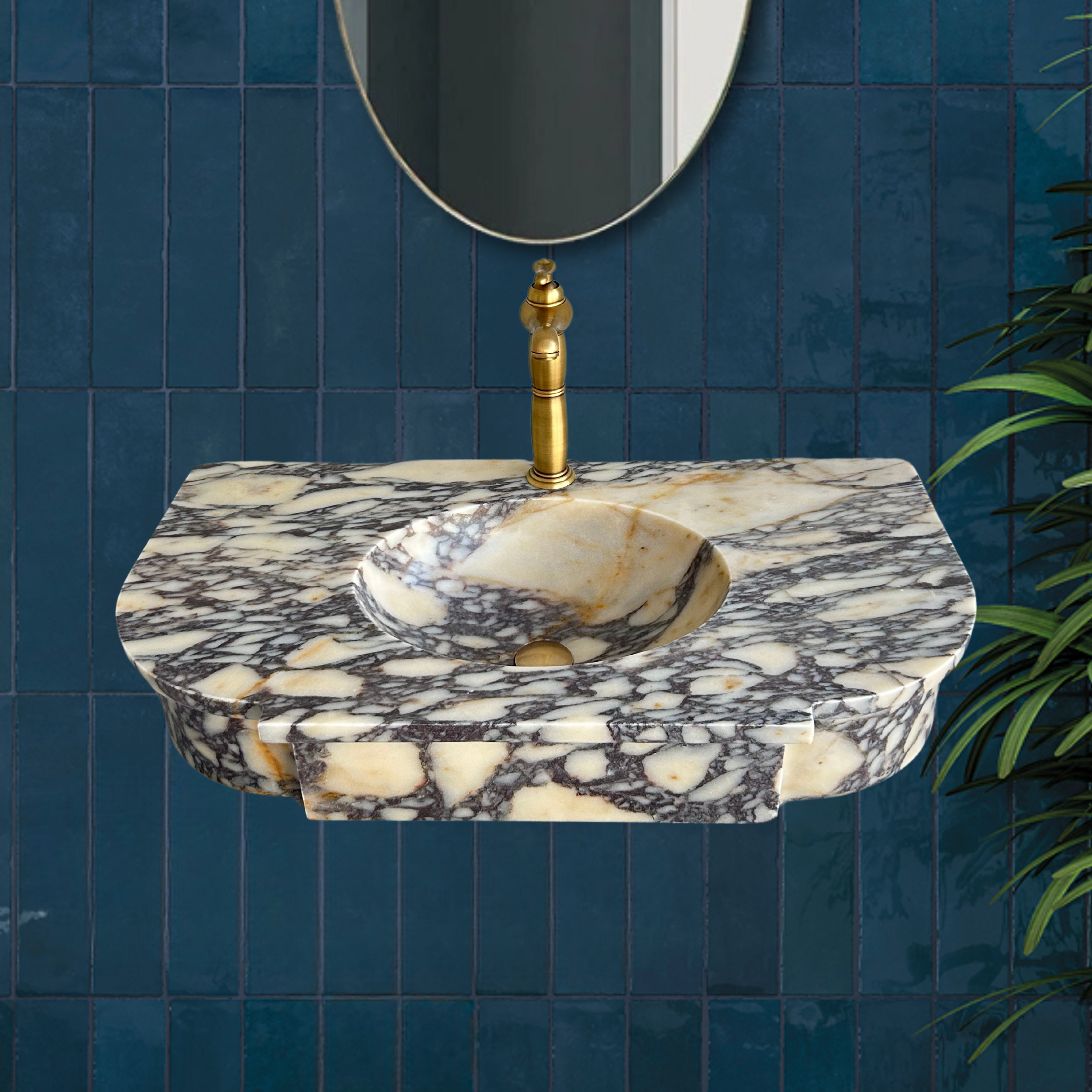 Calacatta Viola Wall Mount Sink, Oval Marble Washbasin, Classical Marble Floating Vanity For Bathroom