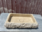 Beige Marble Sink, Rough Stone Vessel Sink Hand Carved Bathroom Vanity Top for Farmhouse Powder Room, With Sink Strainer Cover